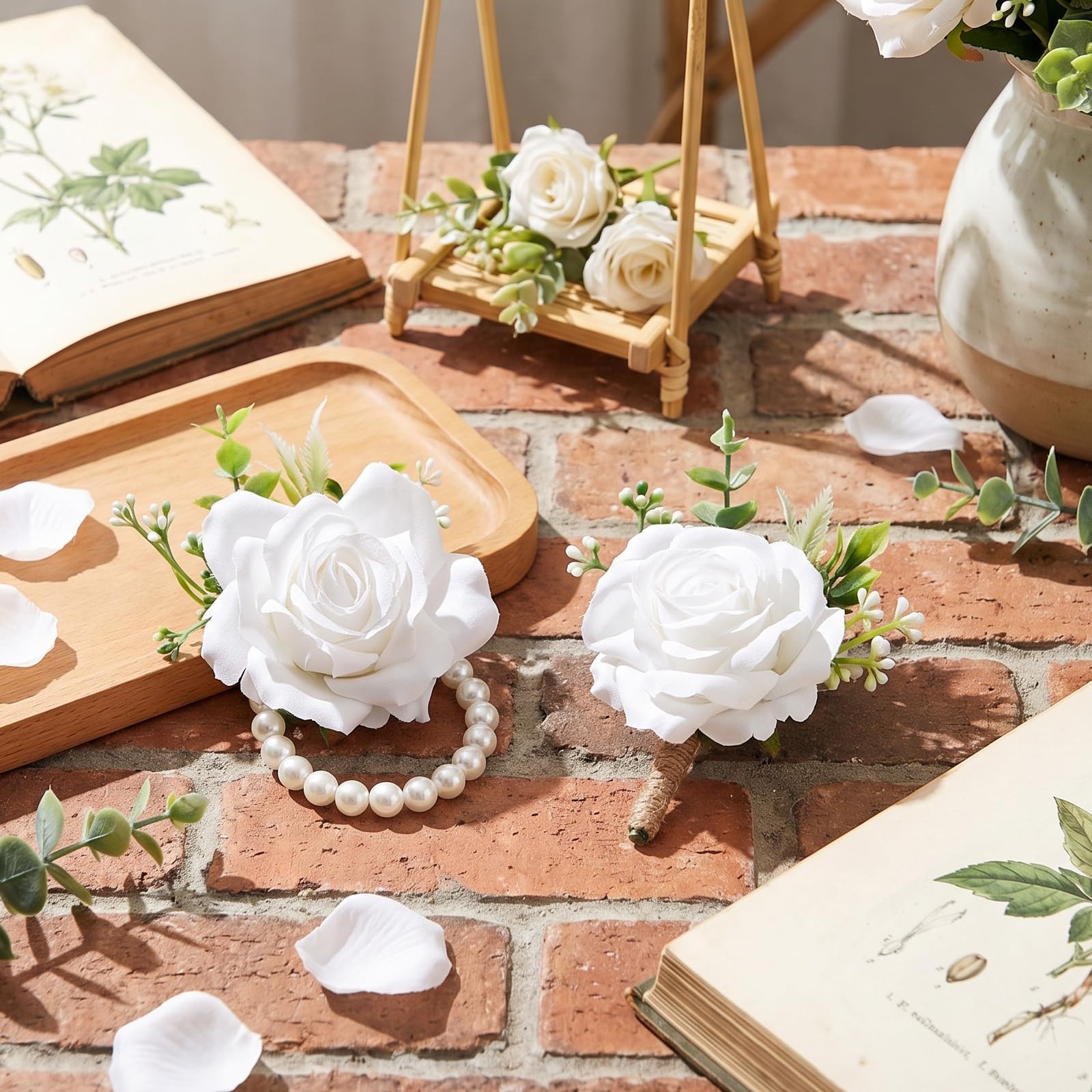 12 Pcs Corsage Wristlet and Boutonniere Set Artificial Rose Wedding Corsage W…