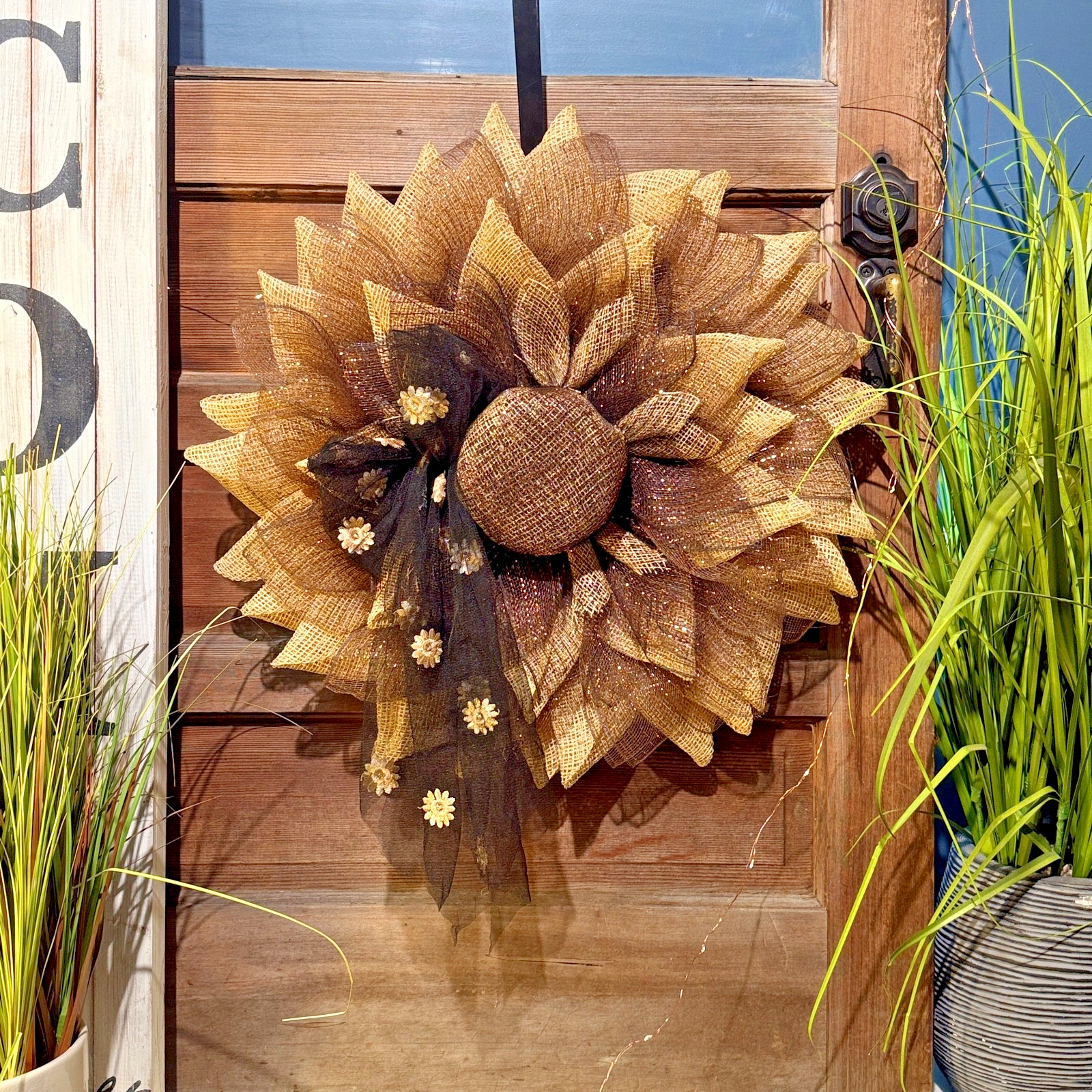 Farmhouse Burlap Sunflower Wreath – Handmade Rustic Sunflower – Fall Wreath