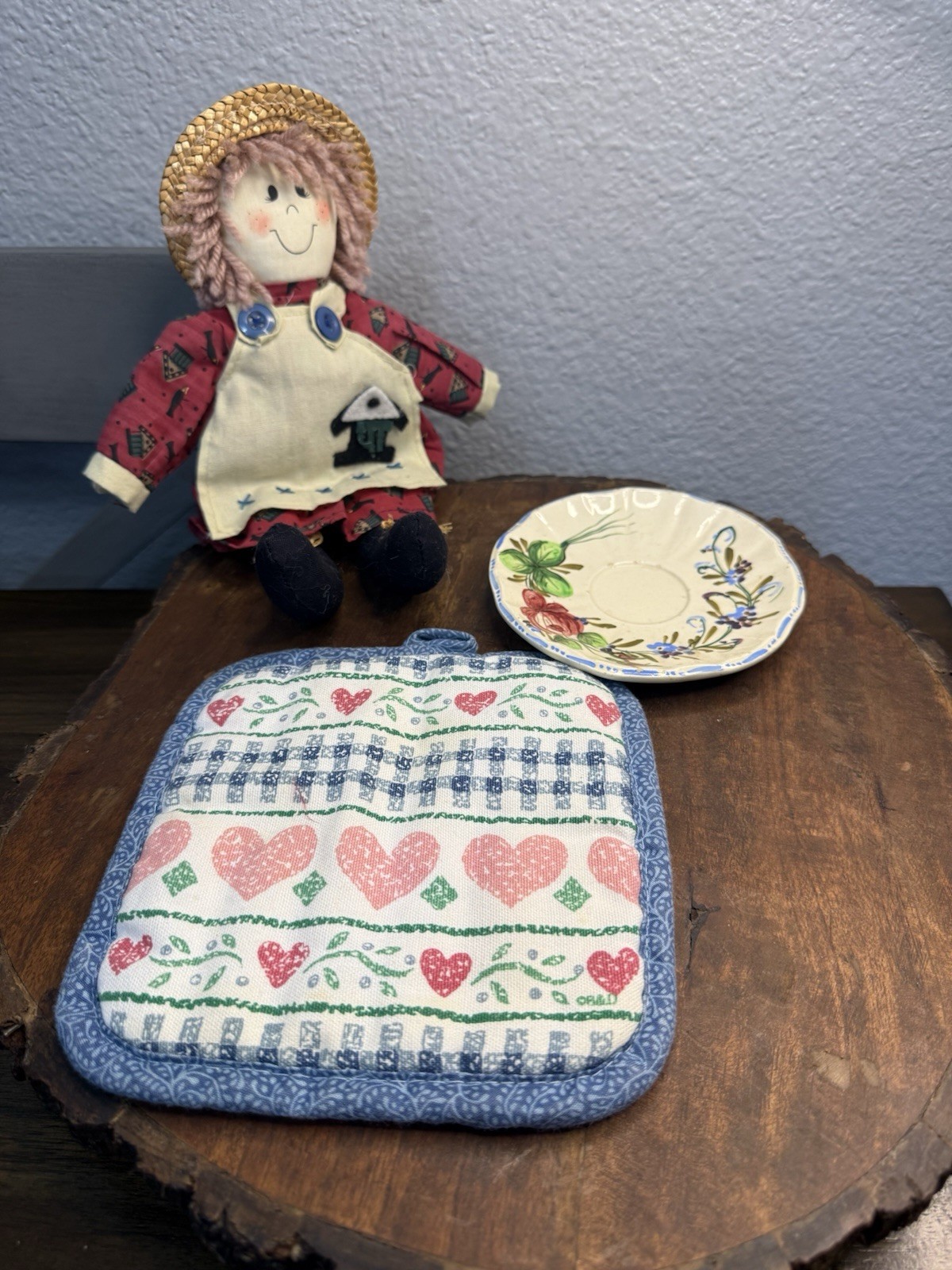 Lot Of Granny Country Decor Floral Saucer, Doll, Pot Holder