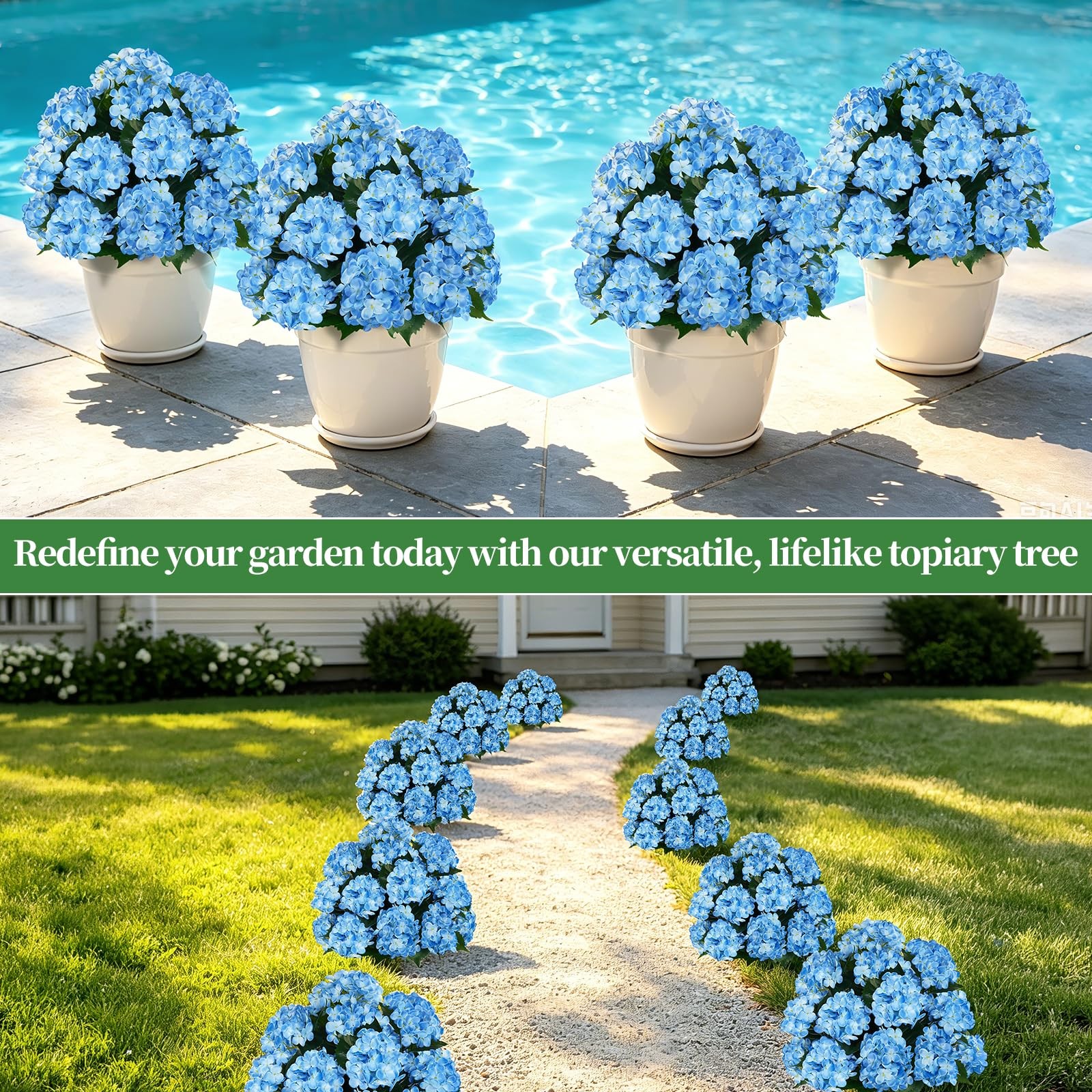 Artificial Topiary Ball Tree with Blue Hydrangea, Set of 2 UV Resistant Shrub…