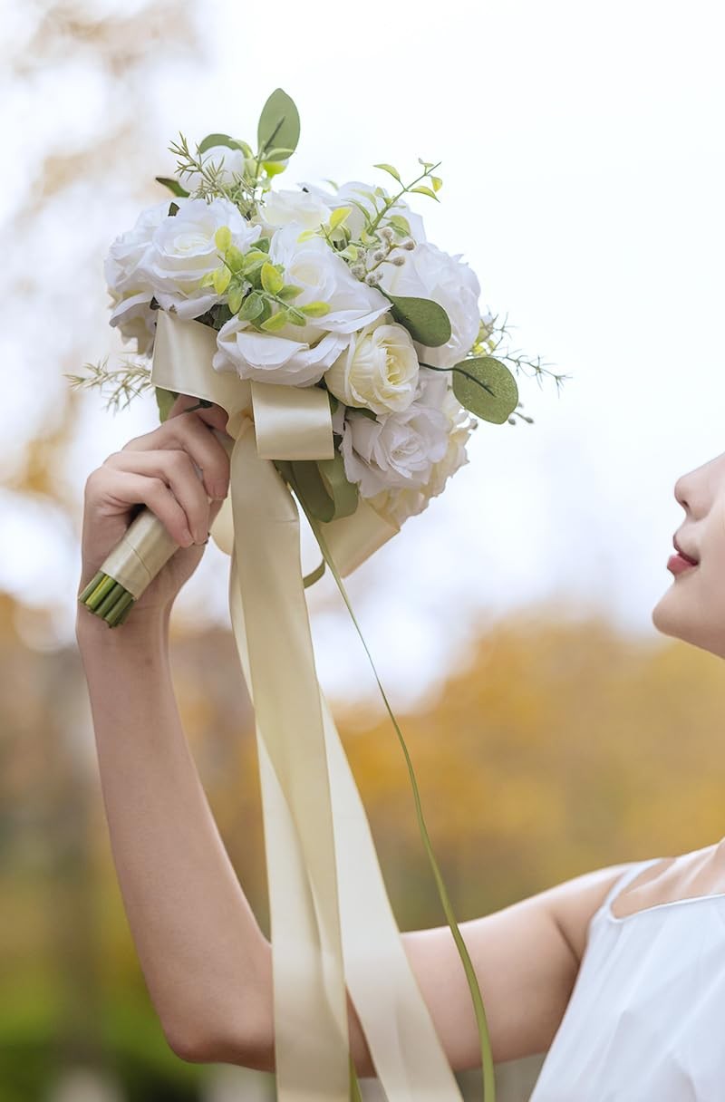 Wedding Bridal Bouquet Bridesmaid Artificial White Rose Church Home Decor