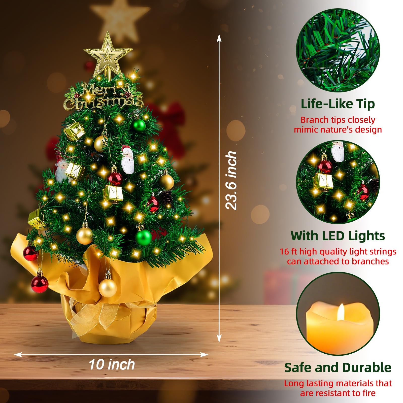 23Inch Mini Tabletop Small Christmas Tree Lights Star Topper Ornaments