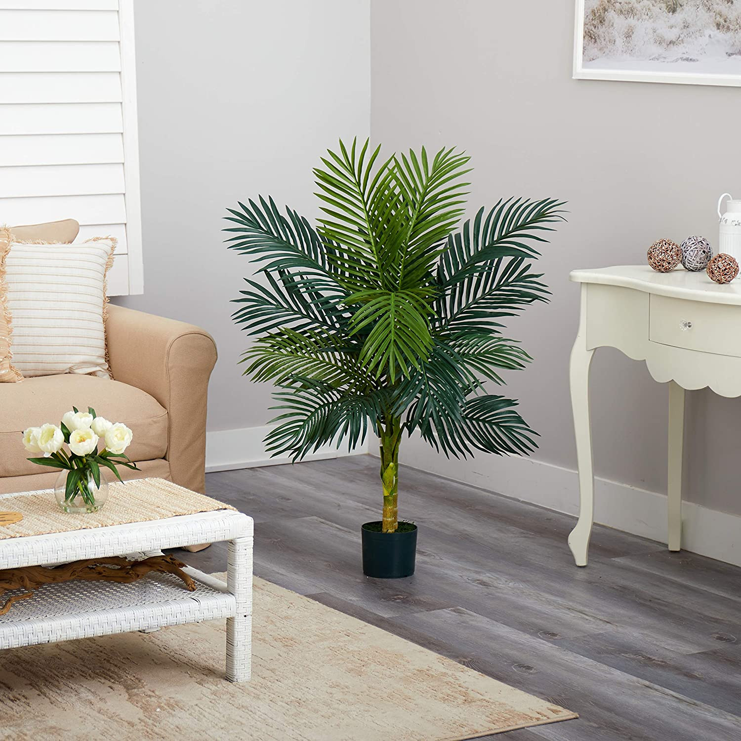 Nearly Natural 4Ft Golden Cane Palm, Double Stalk Artificial Tree with Lush Real