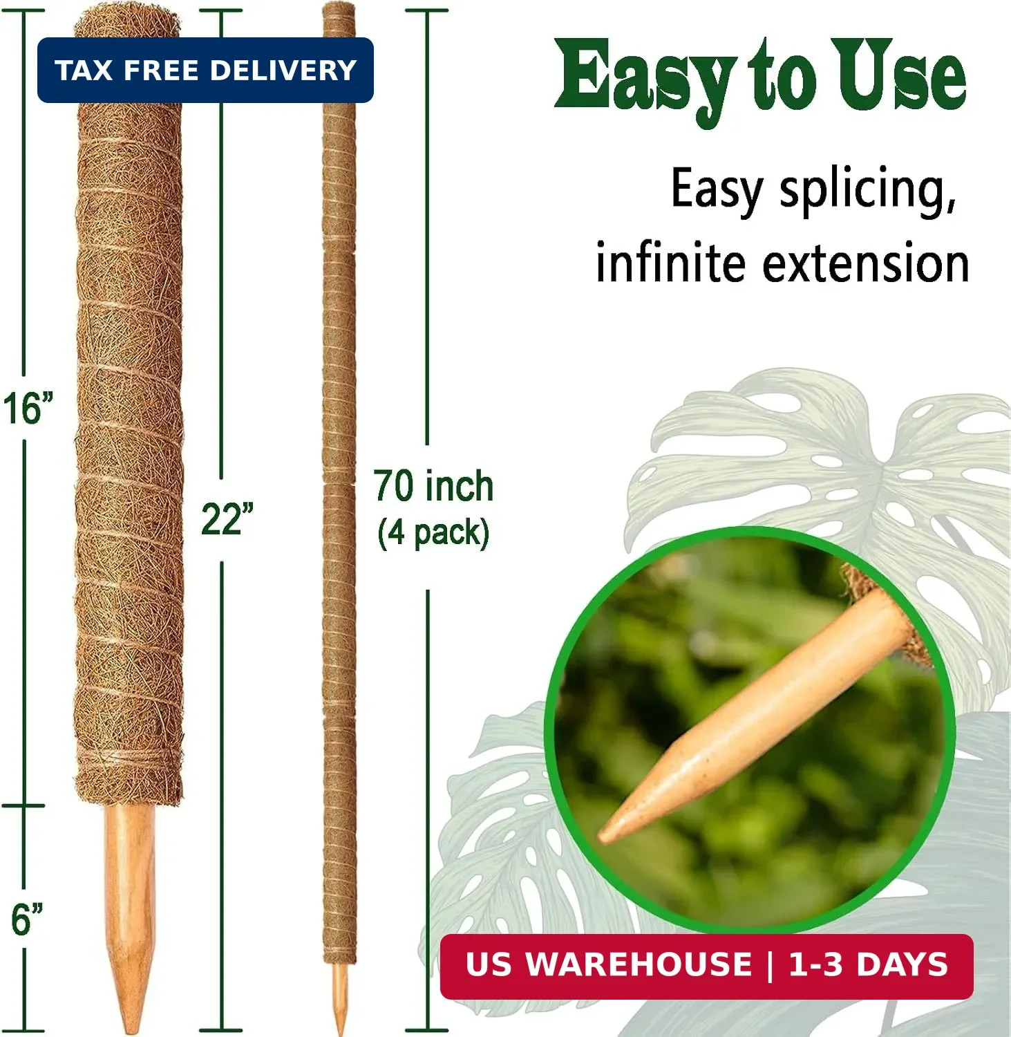 4 Pack 22 Inch Moss Poles, Stackable Moss Pole for Plants Monstera, 70 Inch Tall