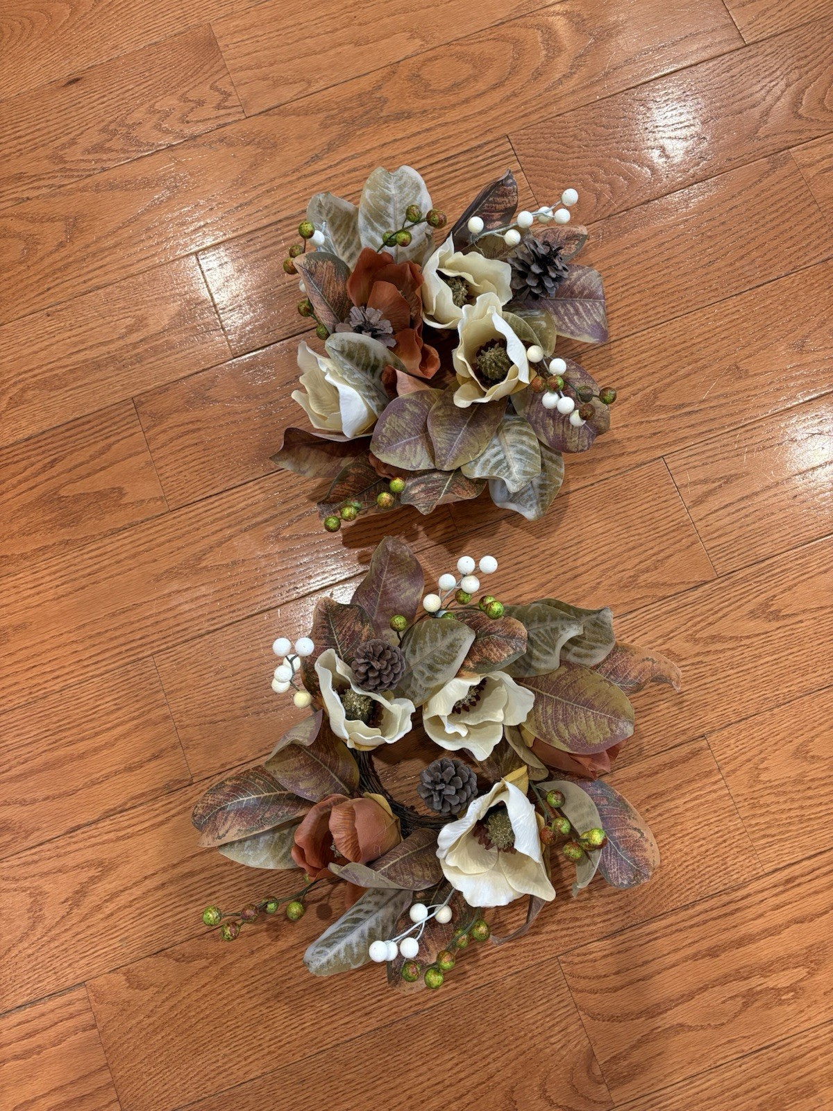 Set of 2 Fall Floral Mini Wreaths Magnolia Leaves Pinecone Rustic Autumn Decor
