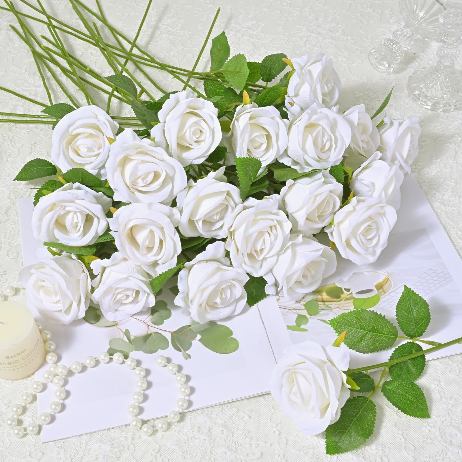 Waipfaru 100 Pcs White Roses Artificial Flowers Bulk, Real Touch Velvet Roses