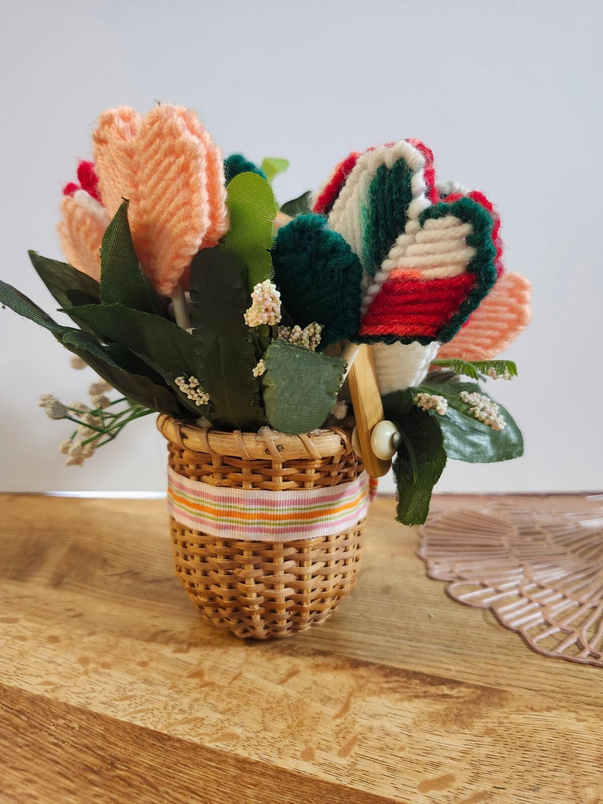 Basket of Heart Flowers Crochet Vintage Handmade