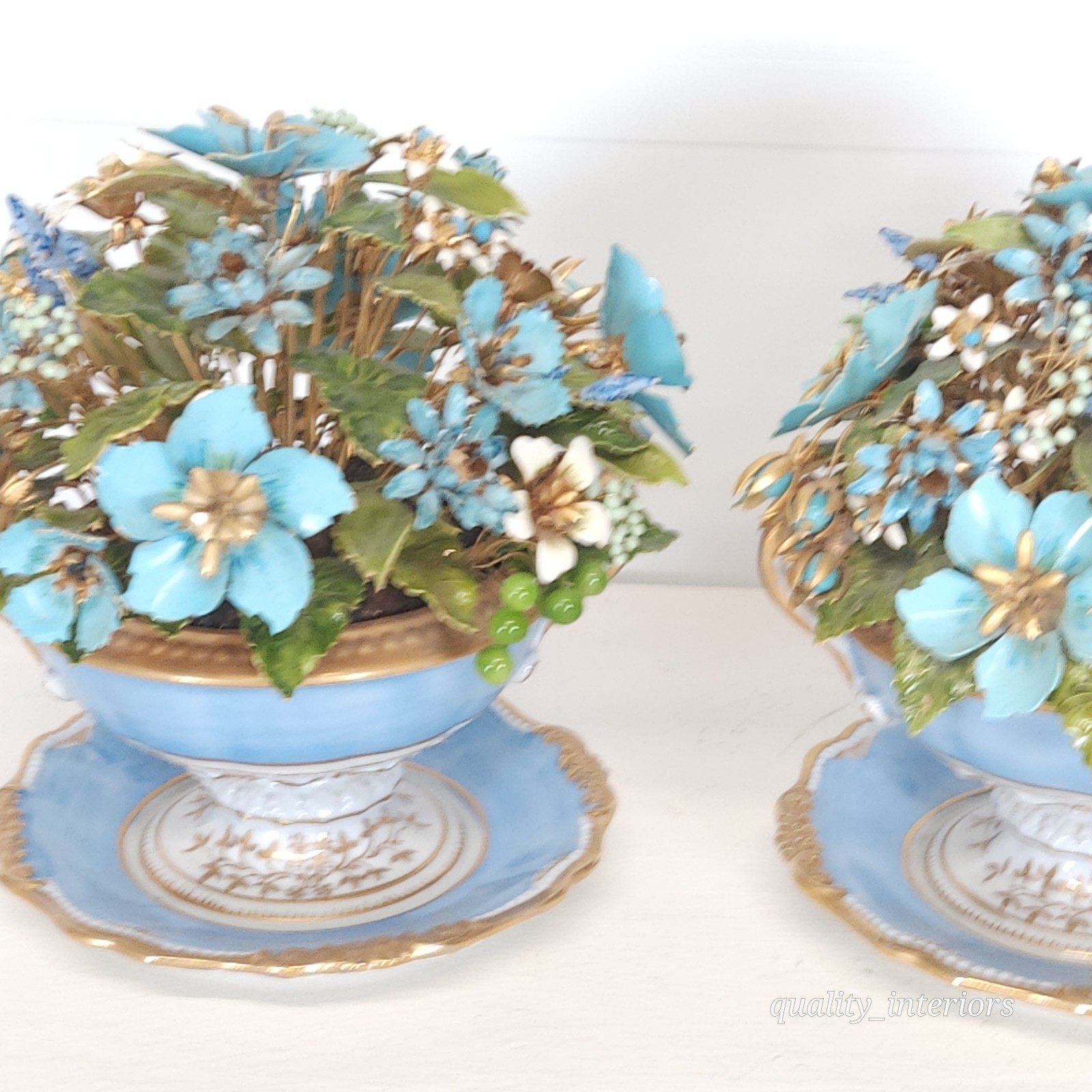 Pair Jane Hutcheson for Gorham Blue 2 Handled Teacup & Saucer Floral Arrangement