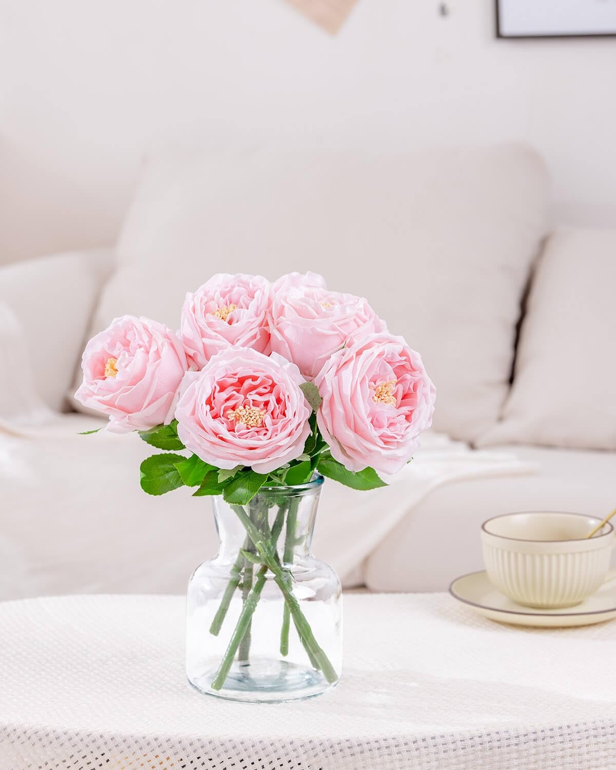 Fake Flowers in Vase Real Touch Faux Pink Roses Peonies Arrangements Decor