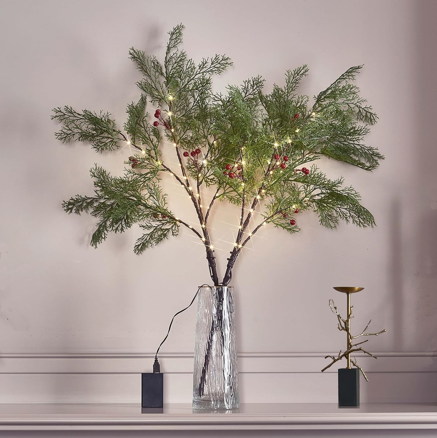 Lighted Brown Branches Cedar 32 Inch 60 LED Timer Battery Home Decor Lights