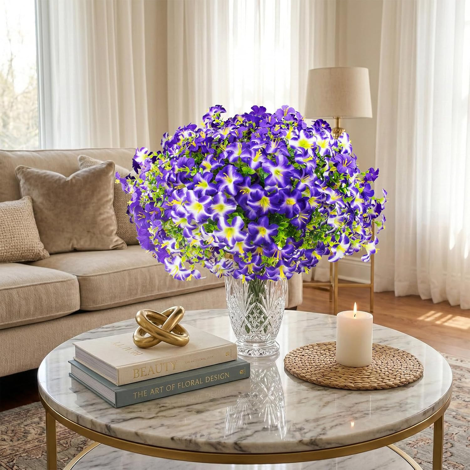 16 Pcs Faux Petunias Artificial Flowers for Outdoors, UV Resistant Fake Purple P
