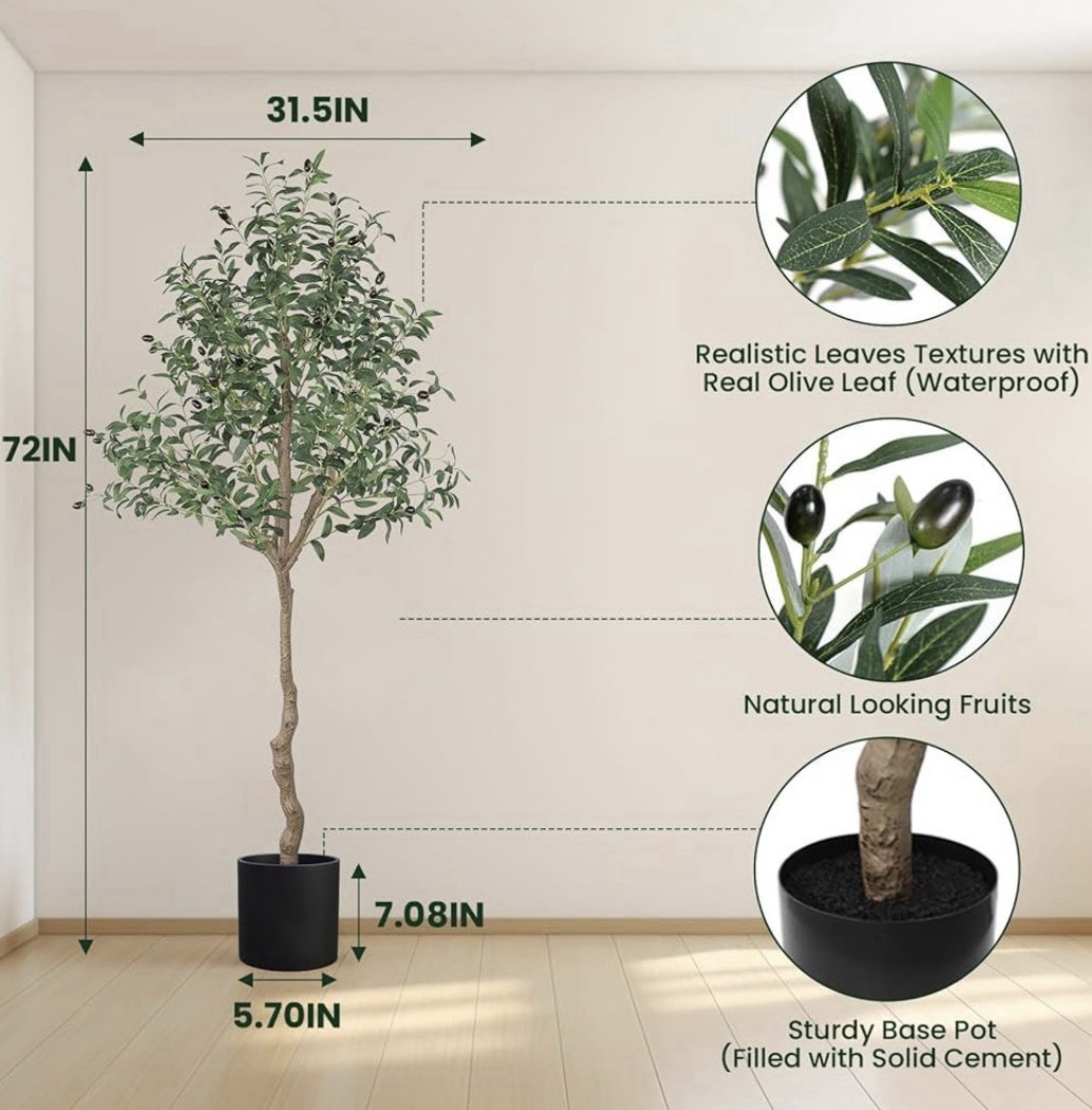 6ft Artificial Olive Tree with Silk Leaves, Fruits, Fake Plant, Pot