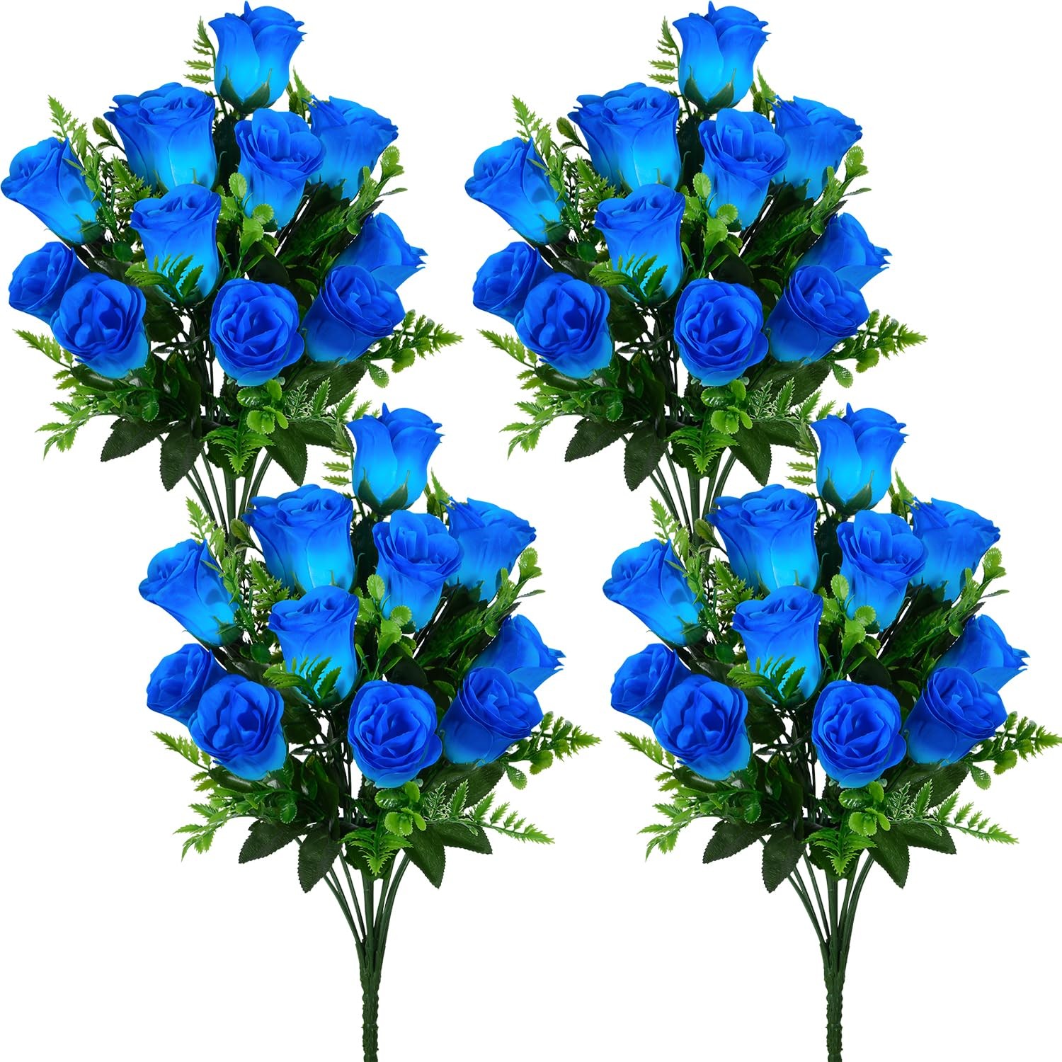 Artificial Rose Flowers Bouquet 4 PCS, Realistic Silk Blue Wedding Cemetery