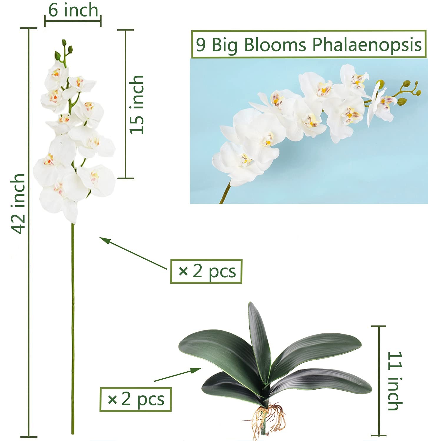 2 Pcs 9 Head Artificial Phalaenopsis Flowers and 2 Bundles Leaves,42″ Big Blo…