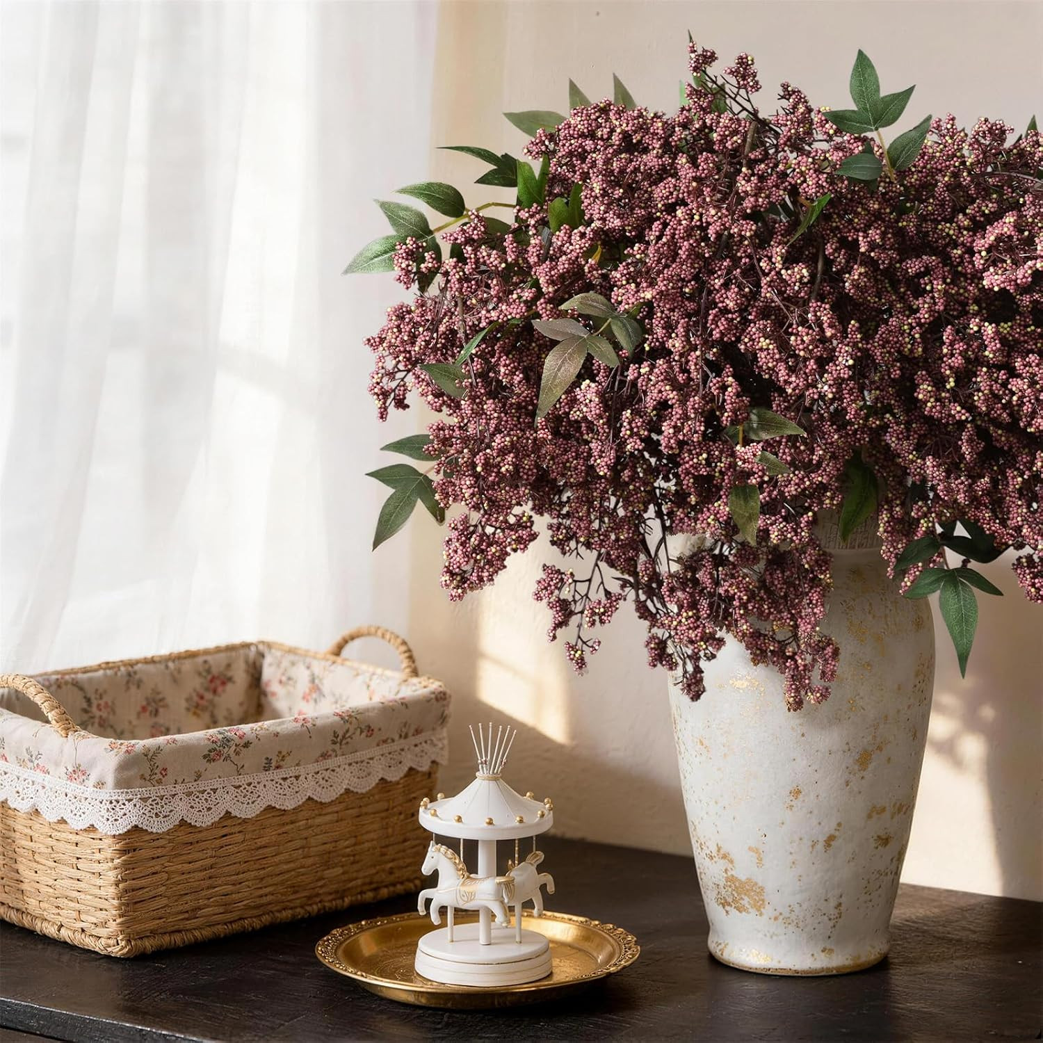 43In Faux Berry Stems for Vase, Artificial Nandina Branches Fall Decor Floral Pi