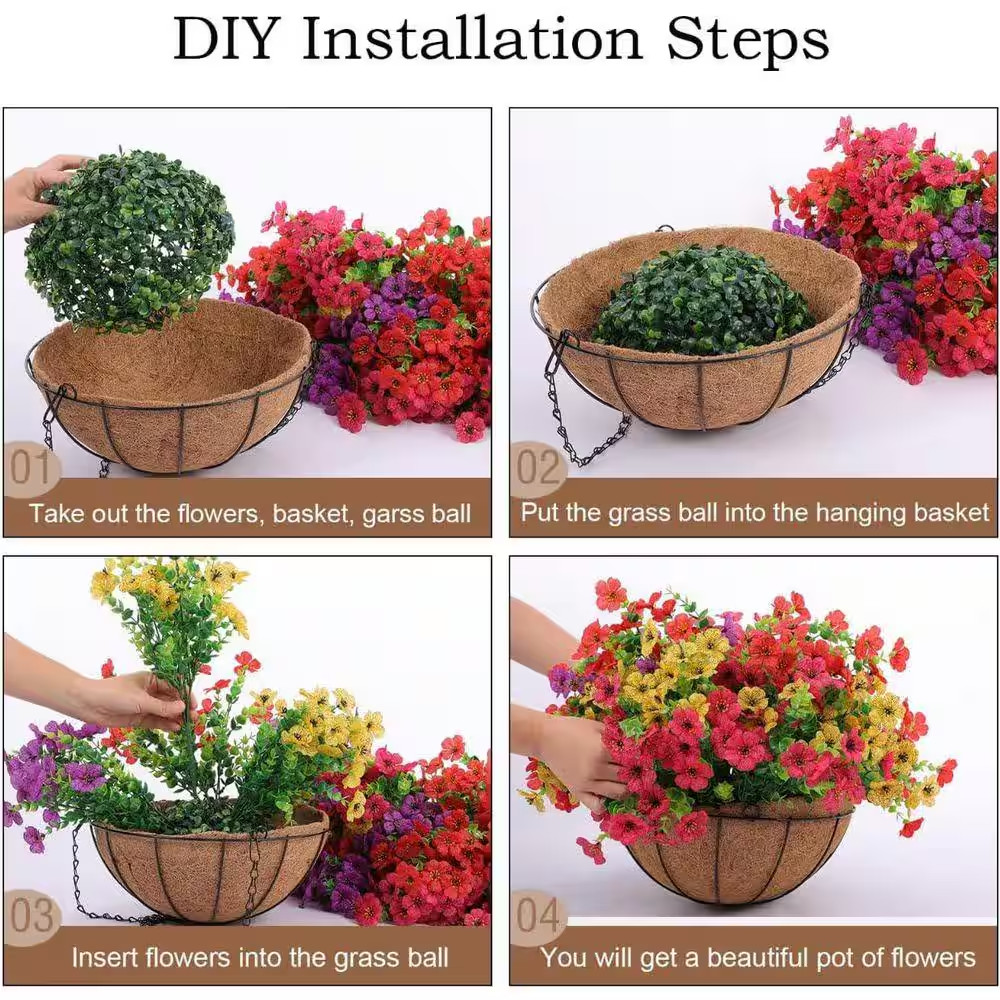 2 Set Artificial Hanging Flower Baskets with 24 Pieces Flowers Red Purple Yellow