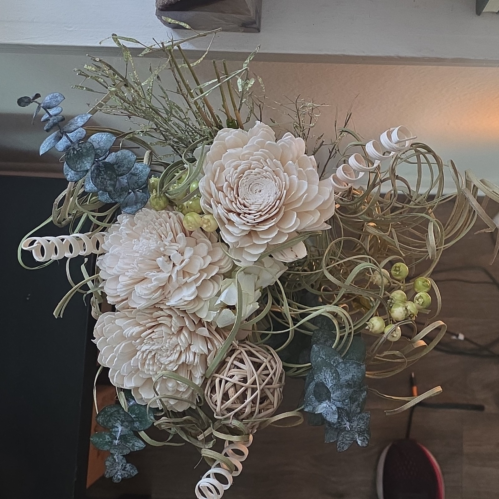 Artificial Floral Arrangement Centerpiece Beige Flowers Eucalyptus Greenery Blue