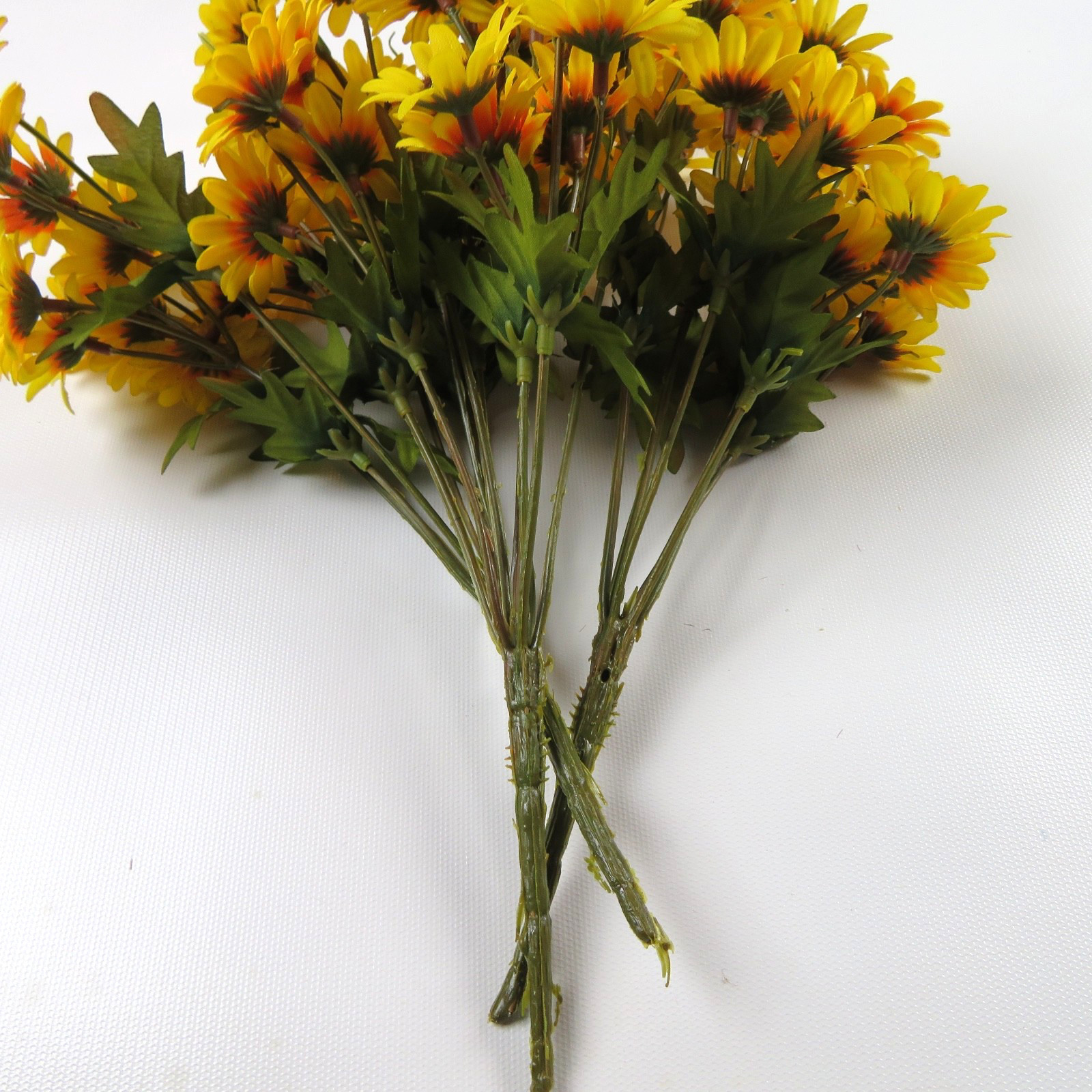 Mixed bouquet of artificial flowers, yellow & orange daisies, blue, 7 bundles