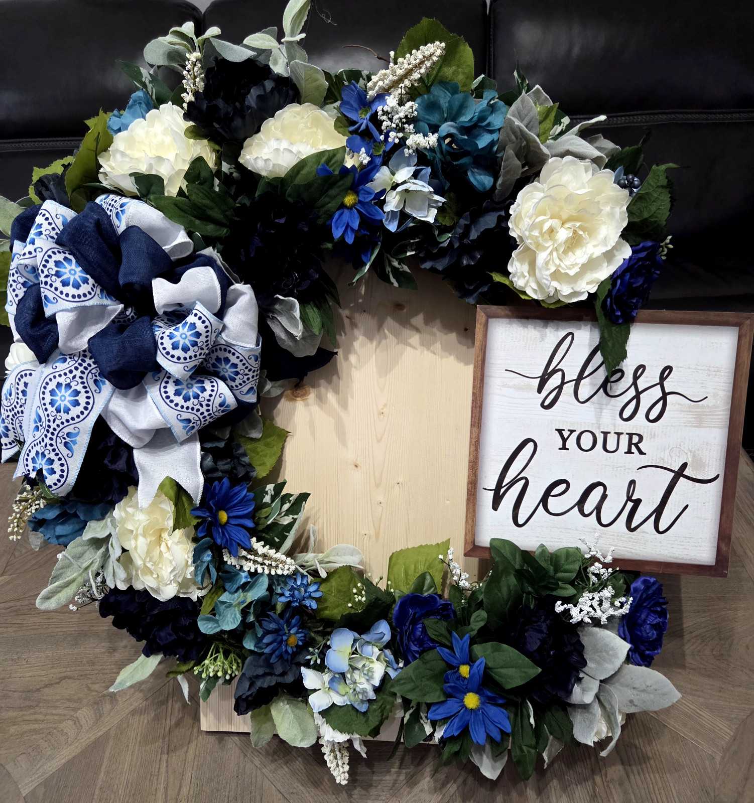 Blue and White “Bless Your Heart” Wreath