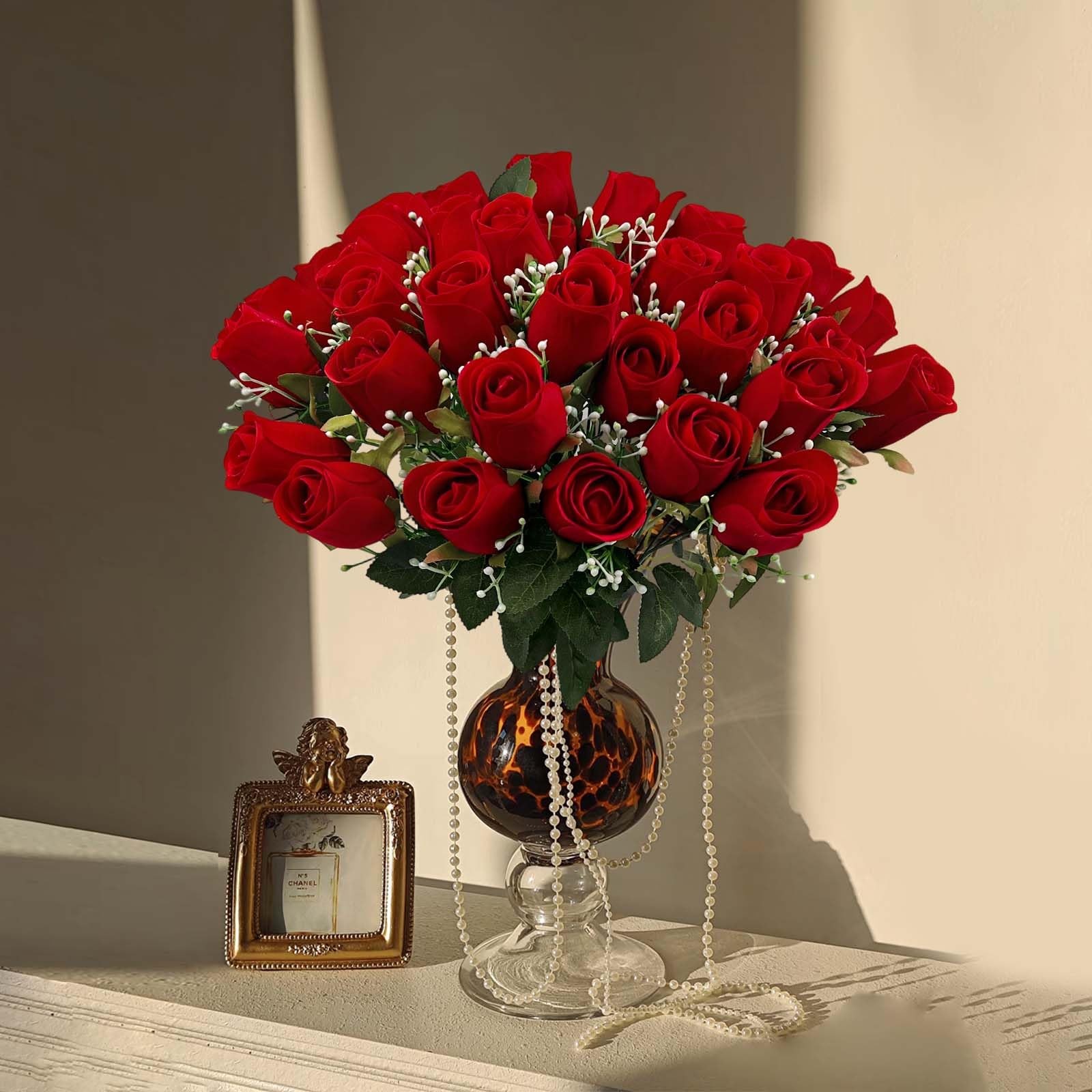 36 Blooms Velvet Artificial Roses, 2 Bouquets Red Roses Faux Silk Flowers for…
