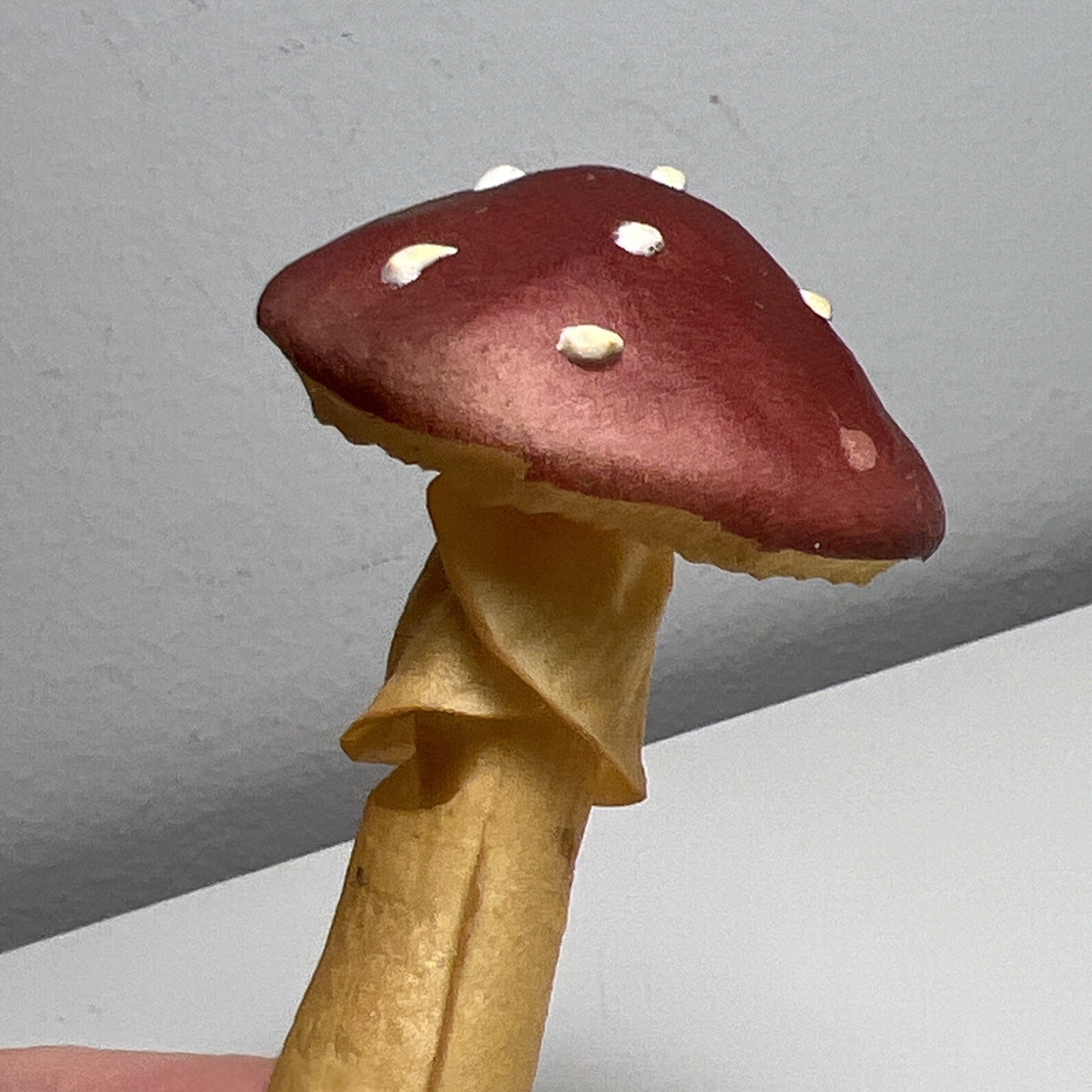 Vintage Red Rubber Foam Realistic Mushroom Decoration Fairy Garden Wire Stem 5″