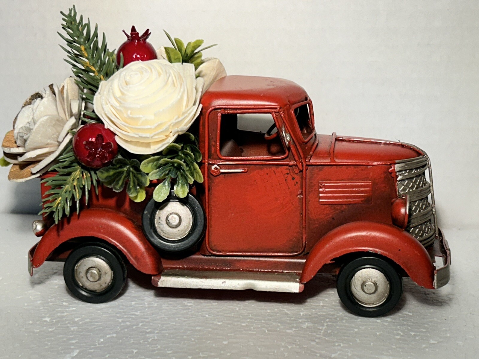 Red Metal Pickup Truck filled with Wood Flowers – home decor, rustic