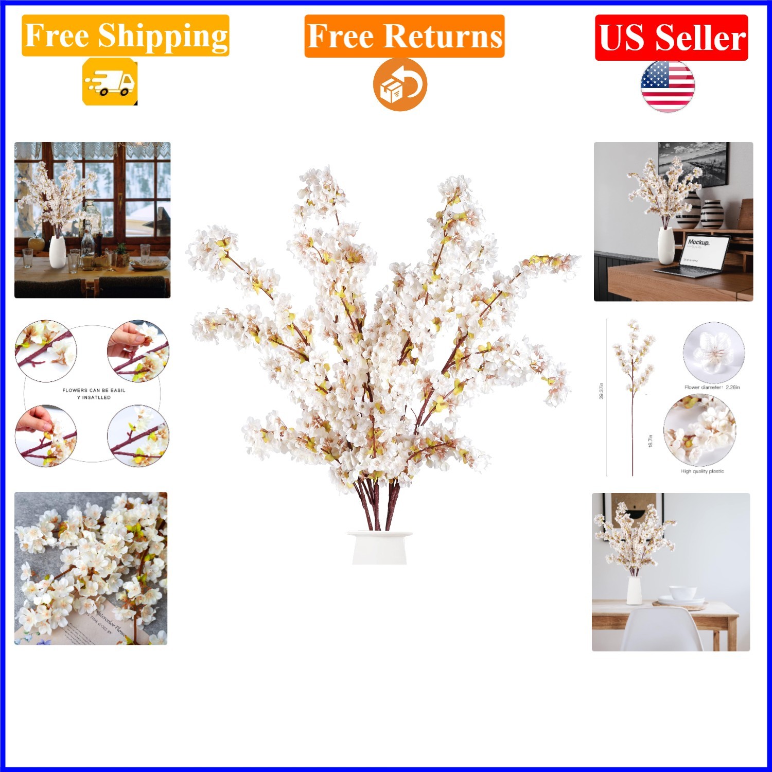 Artificial Peach Cherry Blossom Branches 39-Inch Ivory 4 Pcs for Home Decor