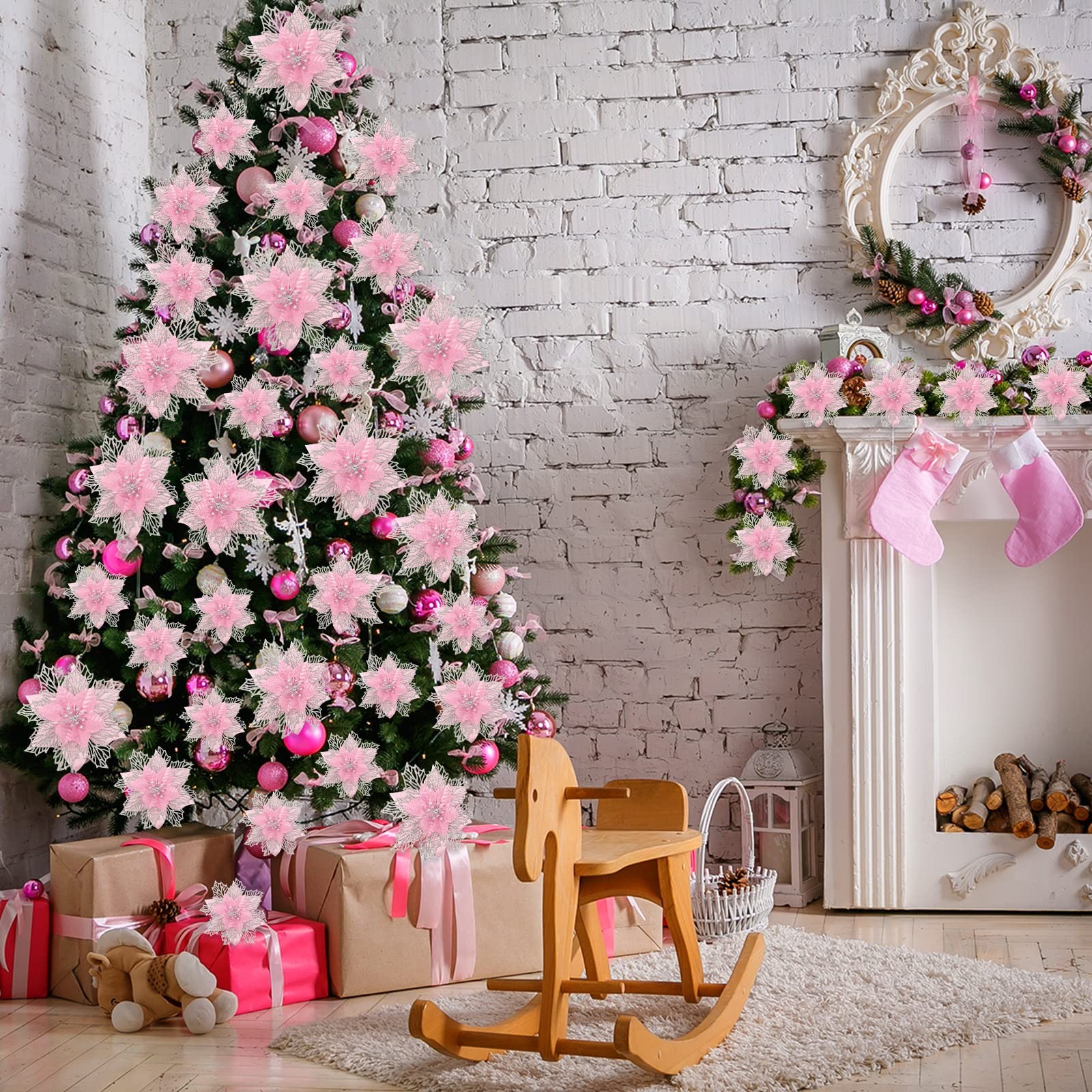 24 PCS Pink Happy New Year Glitter Poinsettia Artificial Flowers 3/4/6 Inch
