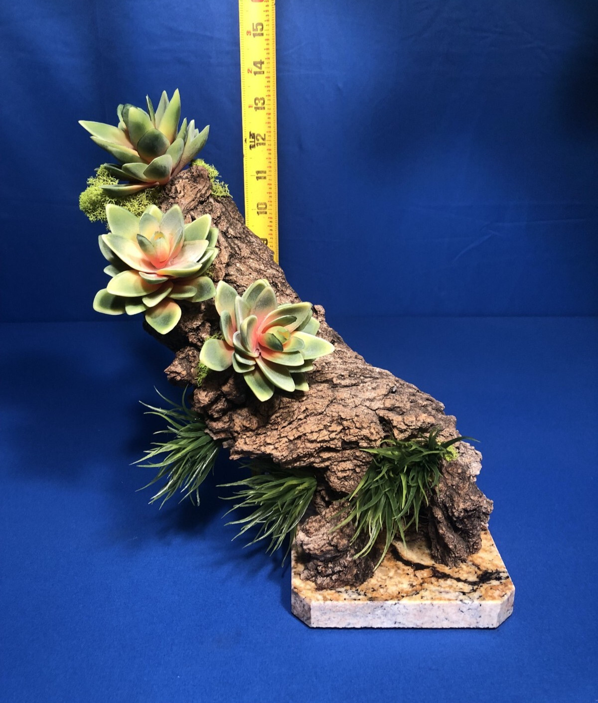 Artificial Succulent Air Plant Home Office Mounted on Real Wood Bark and Stone