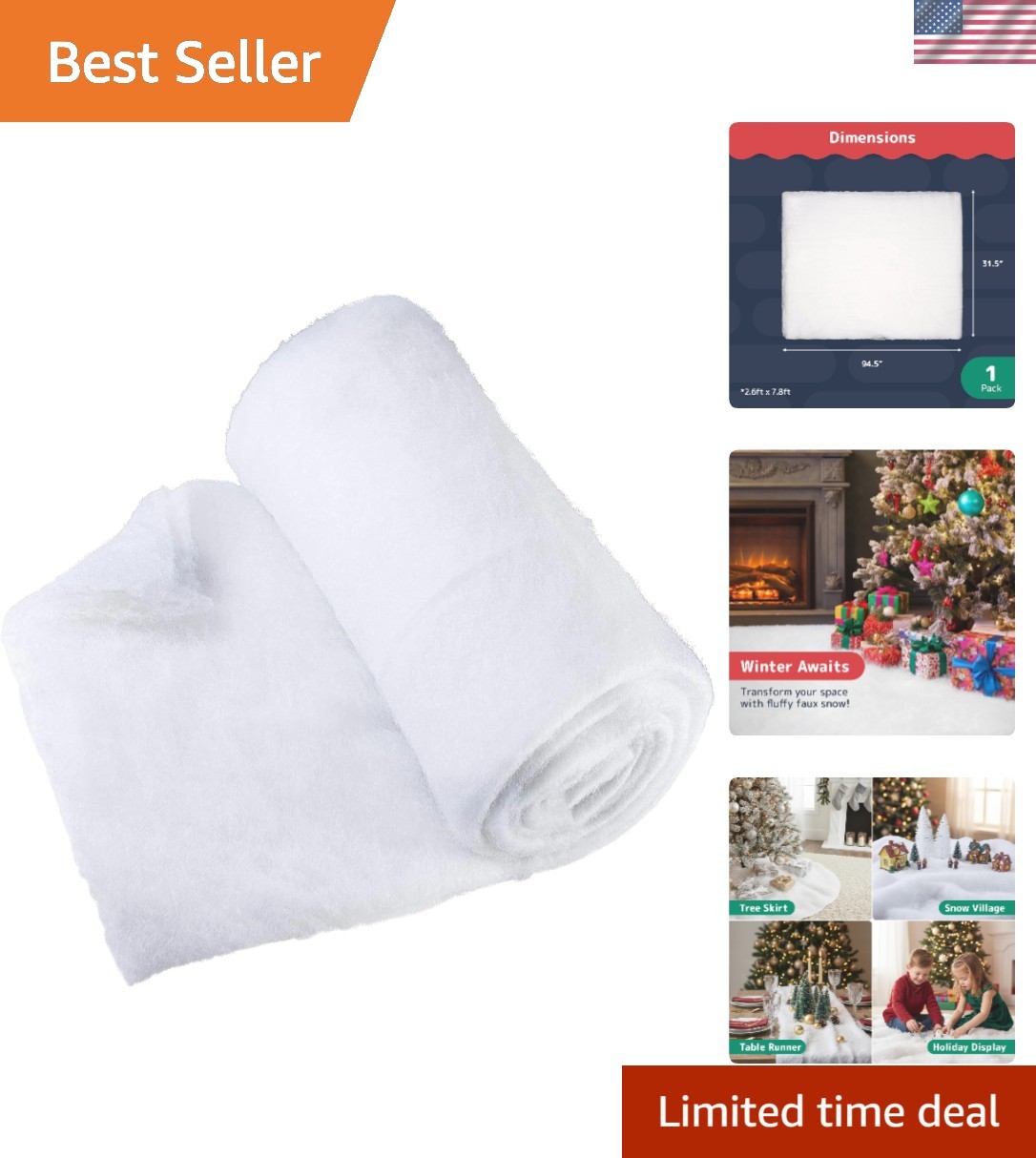 Large 94.5″ x 31.5″ Flame-Retardant Artificial Snow Blanket for Holiday Decor