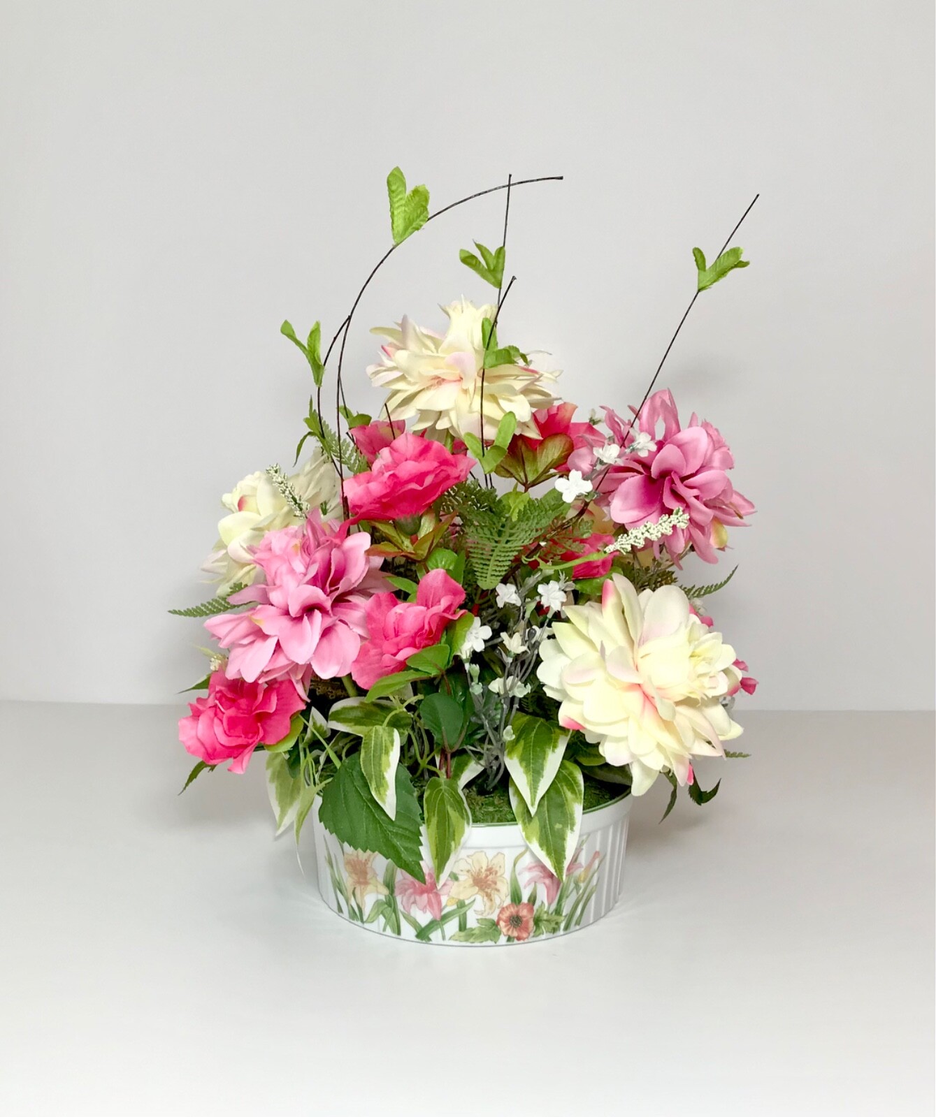PINK WHITE CREAM FLOWERS ARRANGEMENT PORCELAIN VASE FLORAL CENTERPIECE GIFT NEW