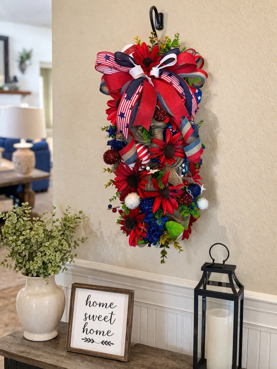 Patriotic Swag Wreath Red White Blue 4th July Door Decor Americana Bow