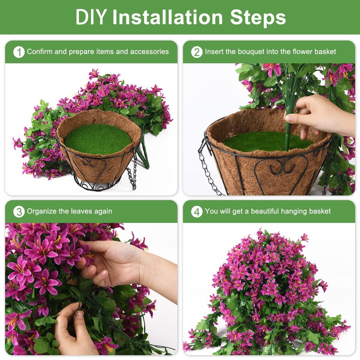 INQCMY Artificial Hanging Flowers in Basket for Spring Summer Outdoor Porch Deco