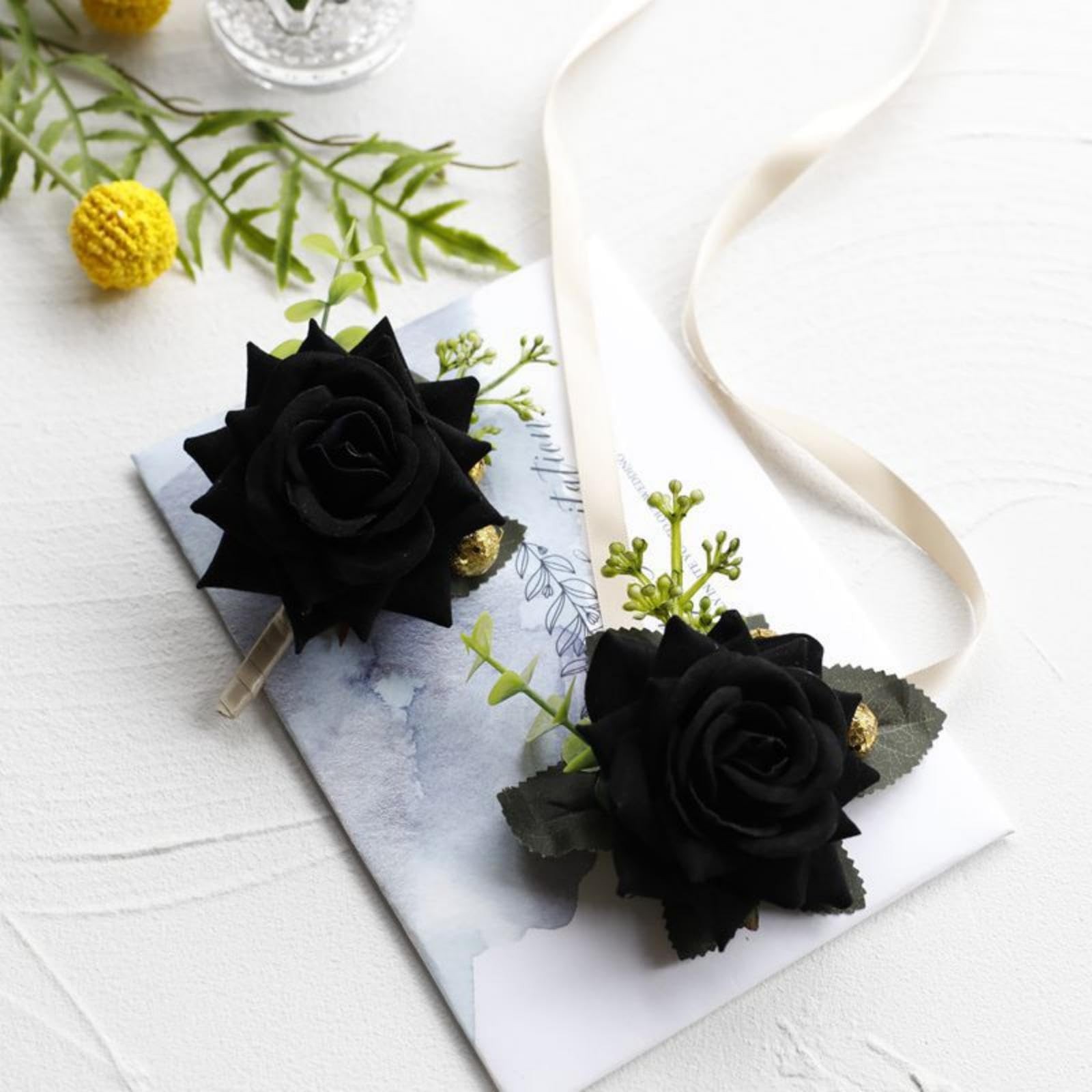 Black Corsage and Boutonniere Set Artificial Rose Flower Wedding Wrist Corsag…