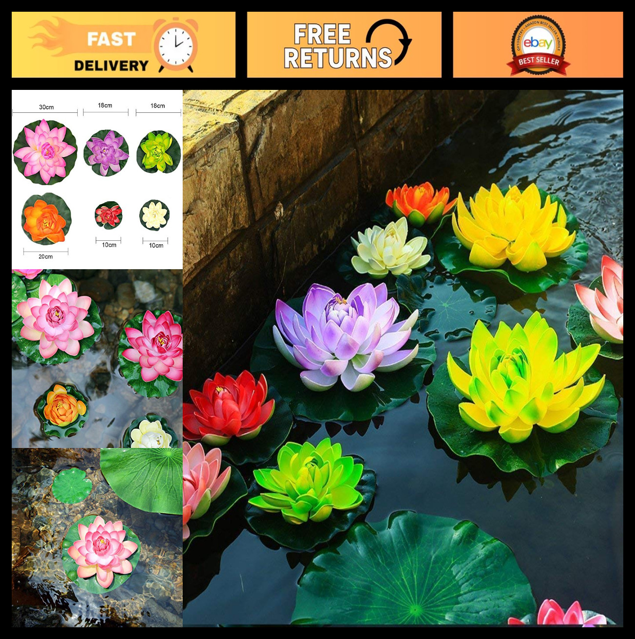 Large Floating Foam Lotus Flowers for Pond Decor – Set of 6, Water Garden Orname