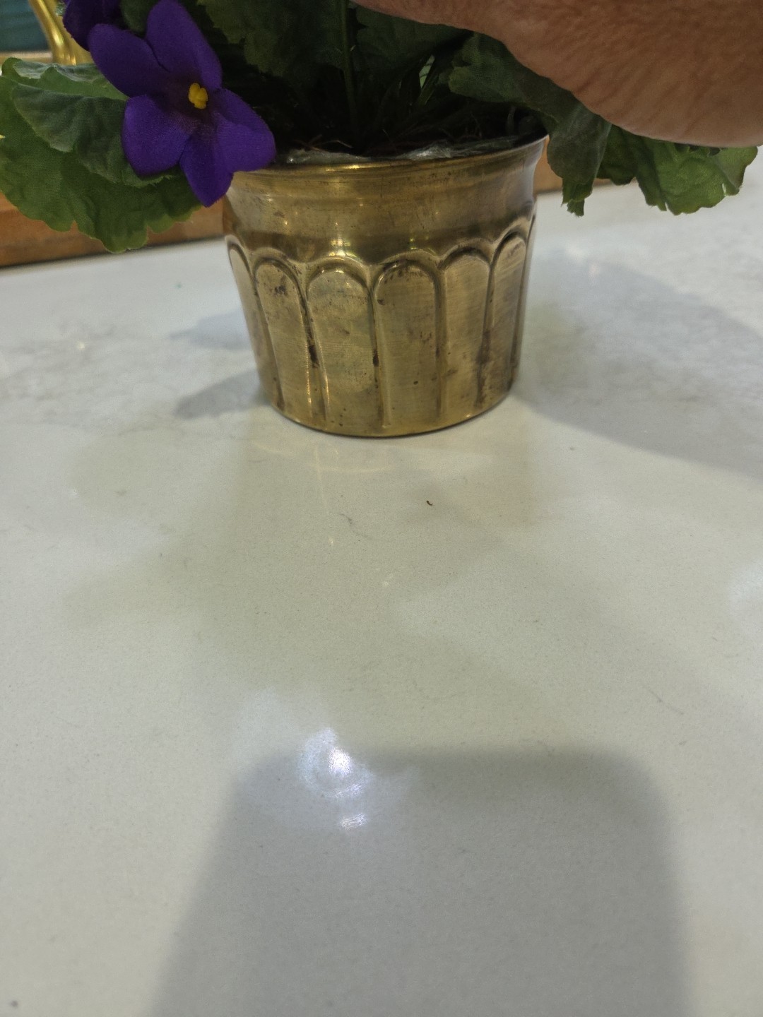 Artificial Miniature African Violet Silk Flowers In Solid Brass Pot Plant Decor