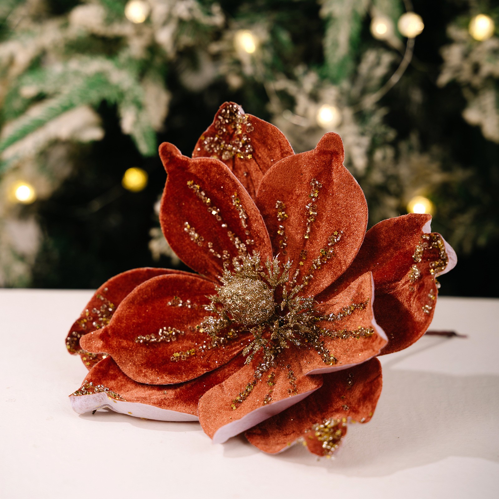 Artificial Velvet Poinsettia Picks Glitter Detail Holiday Garland Gift Box Decor
