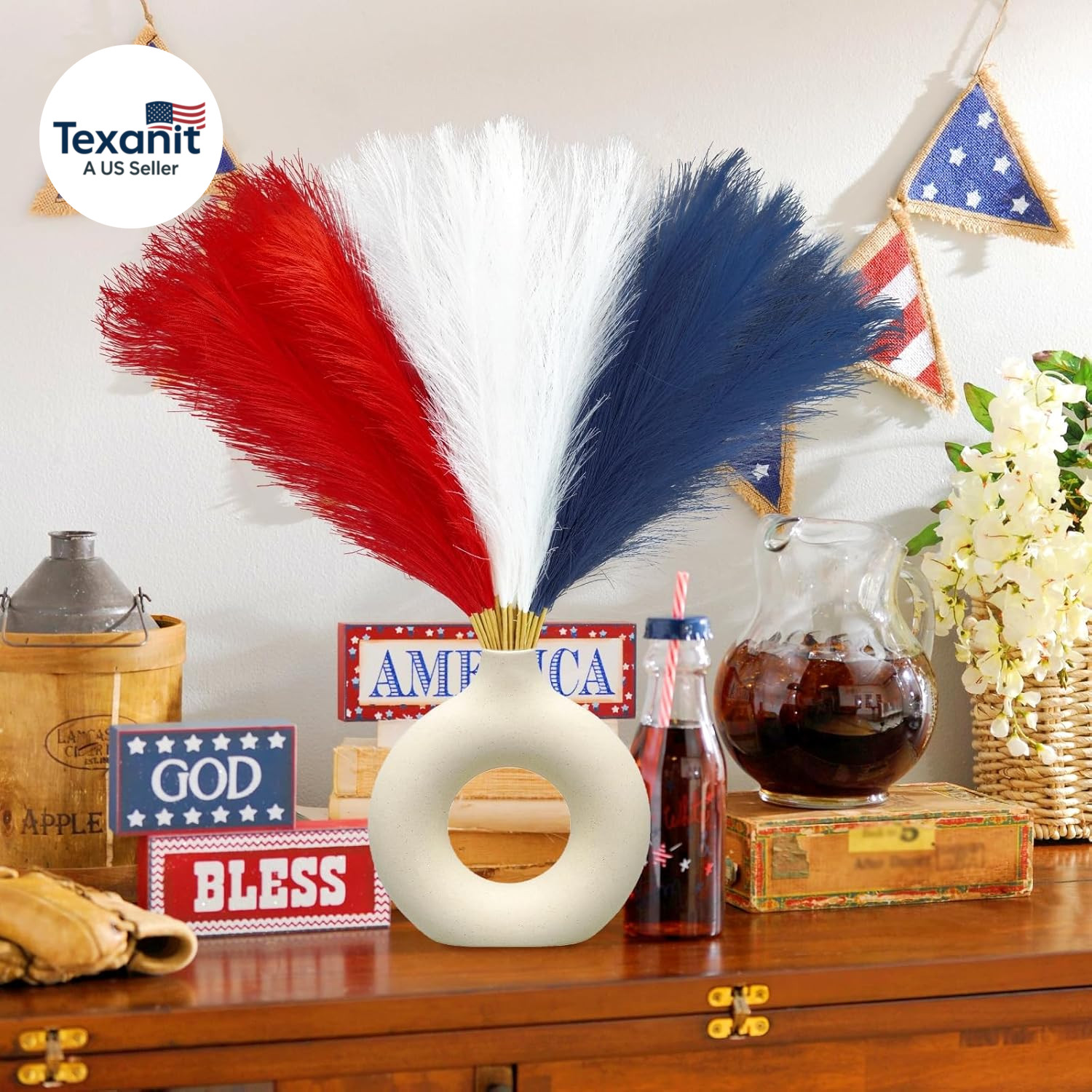 30Pcs 4Th of July Decorations Faux Pampas Grass, 21.6In Red White and Blue Artif
