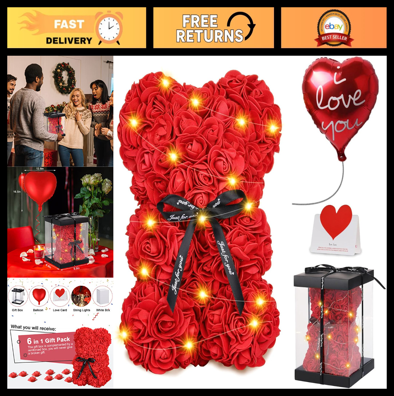 Romantic Rose Bear Gift with Lights – Cute Teddy Flower for Her, Perfect for Val