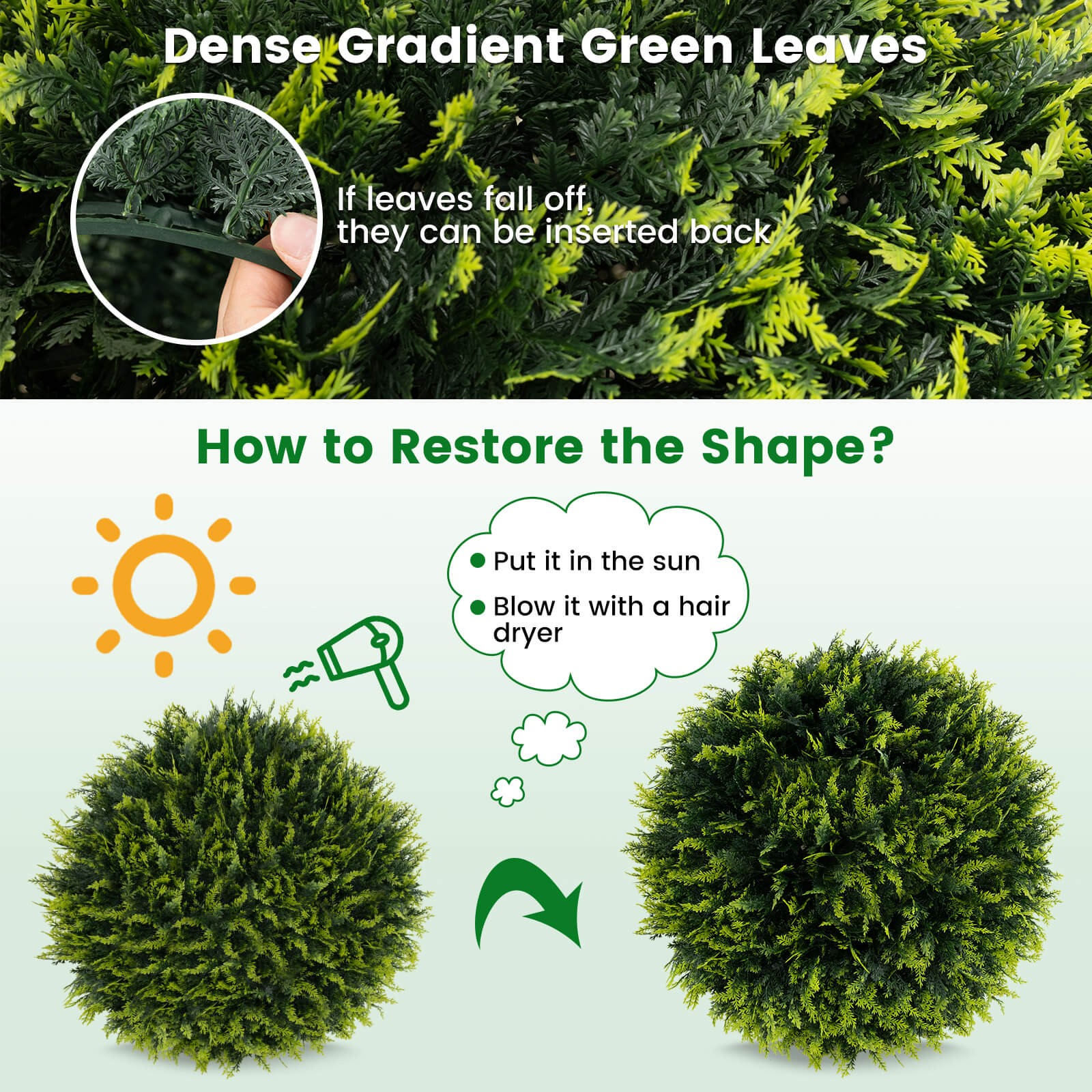 2 PCS 16″ Artificial Cedar Topiary Balls Sun-protective Round Greenery Bushes