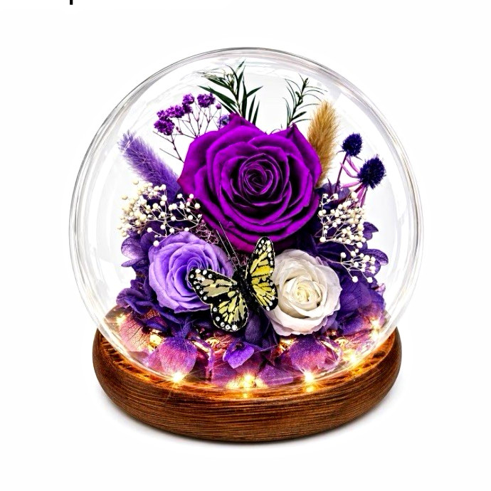 Purple/White Fresh Rose & Butterfly in Glass Dome w/ LED Base