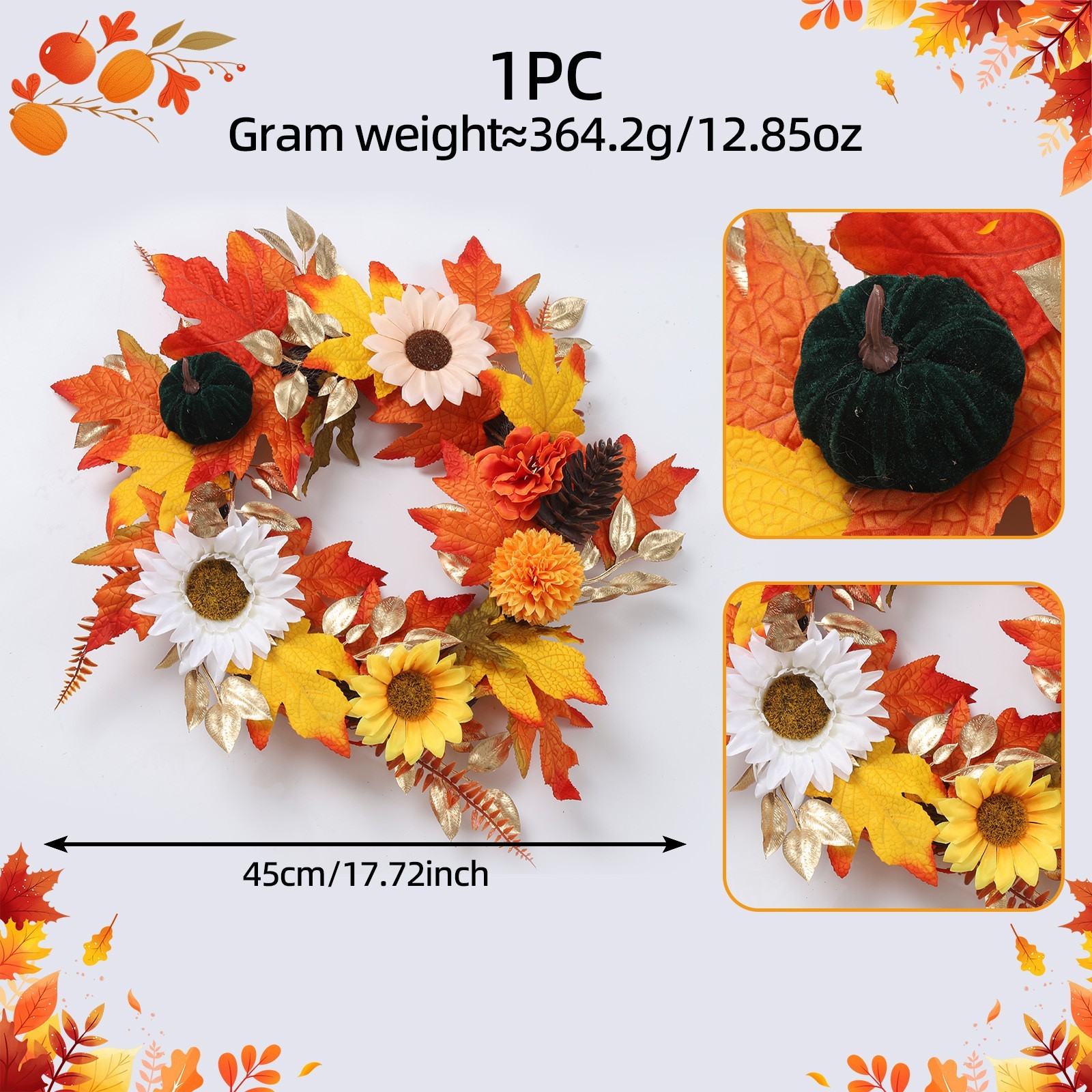 Artificial Autumn Wreath 17.72in/45cm for Thanksgiving Halloween Indoor Outdoor
