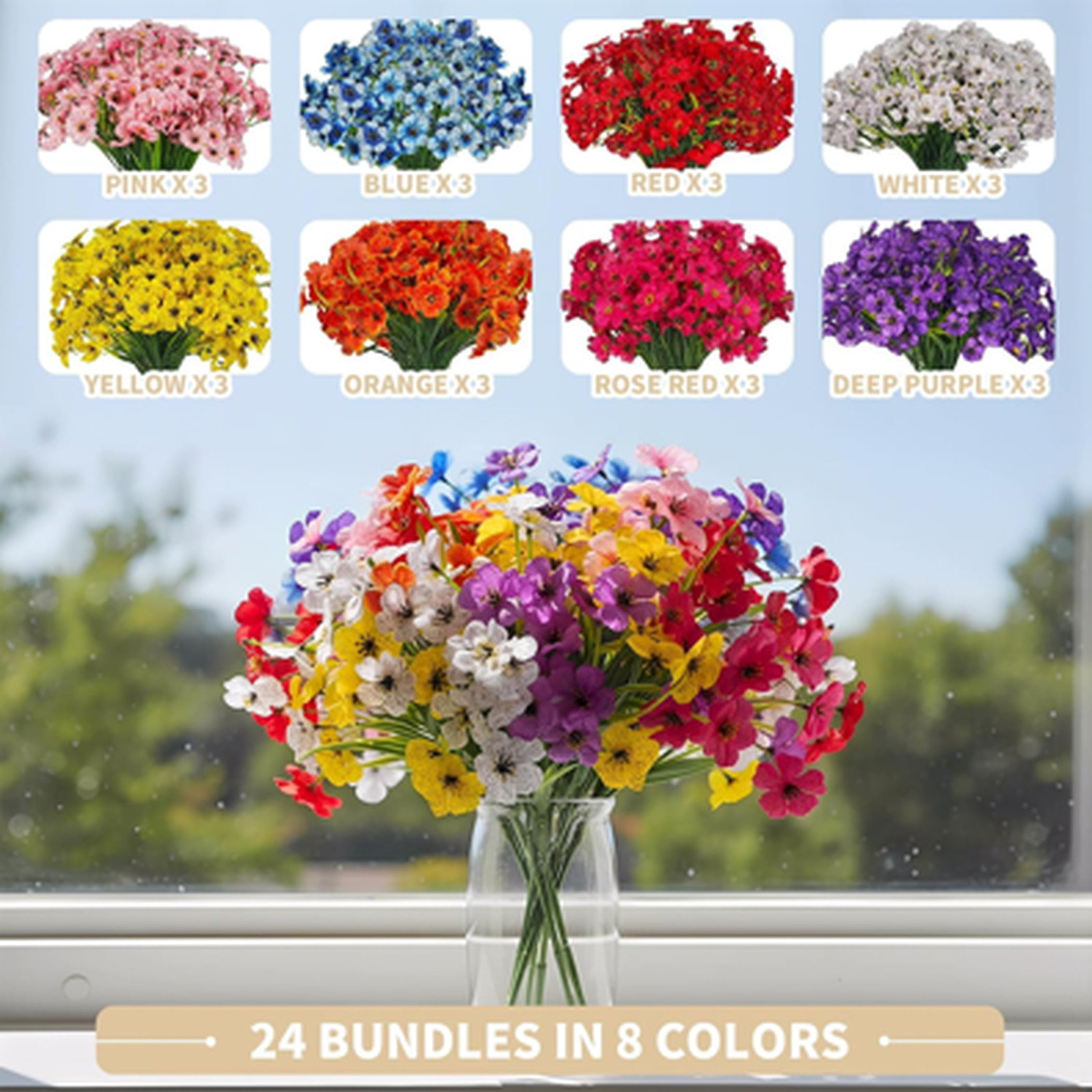Artificial Flowers Set 24 Bundles UV Resistant for Outdoors 8 Colors Fake Plants