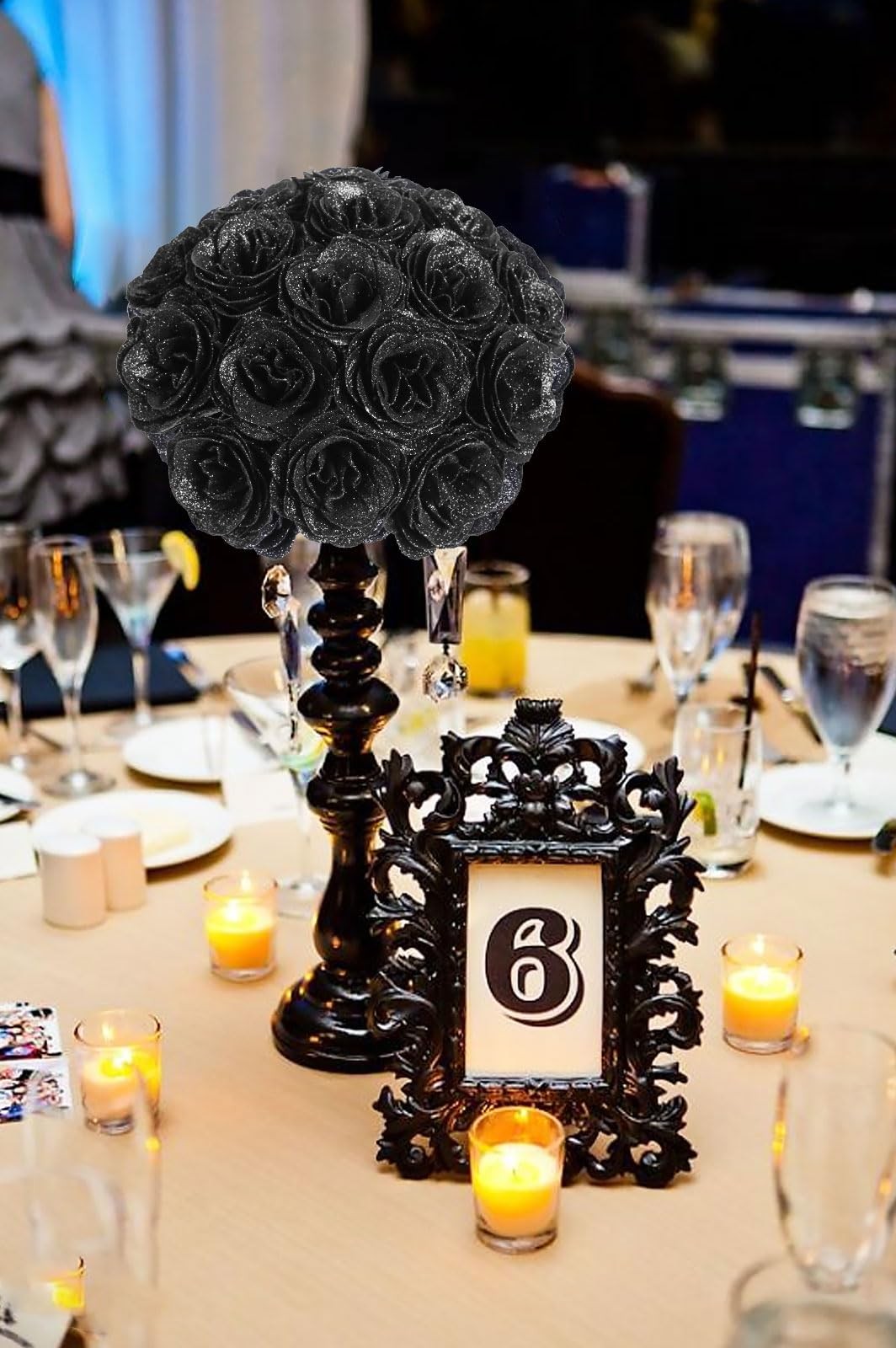 30 PCS Black Glitter Silk Artificial Roses Fake Flowers Wedding Party Decor