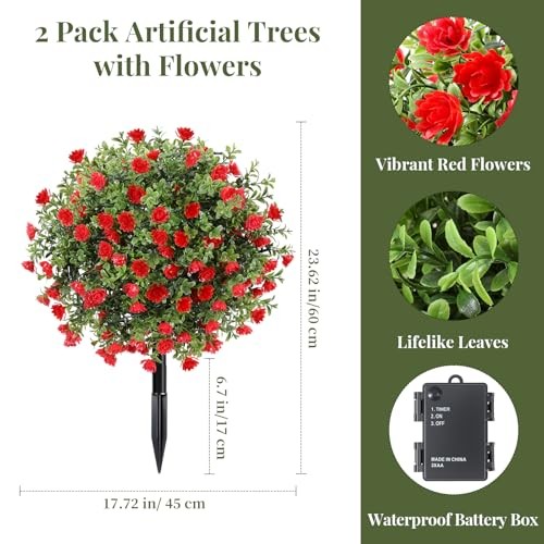 Artificial Boxwood Topiary Ball with LED Lights,23.6” Artificial Red Flowers