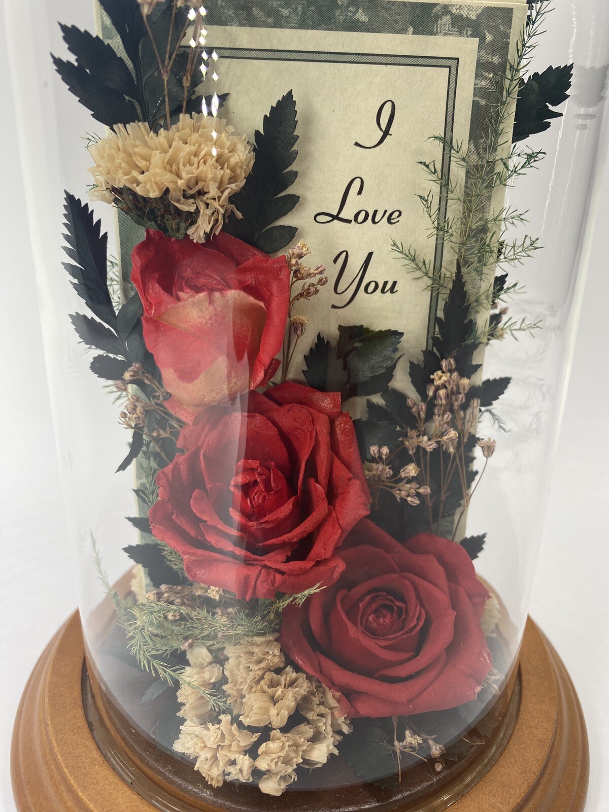 Vintage Dried Red Roses Flower Arrangement Preserved in 7.5” Glass Dome