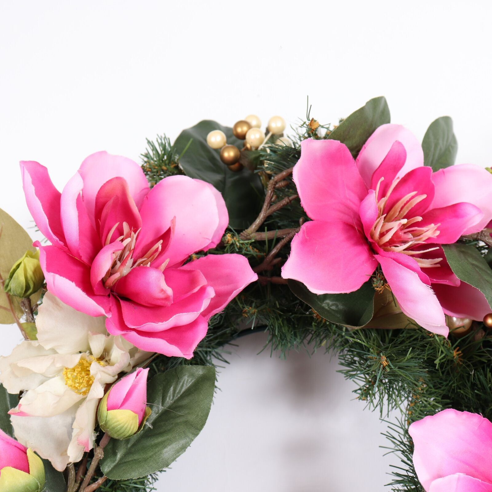 Christmas Holiday Wreath in Pinks and White with Pearls and Gold Balls #1