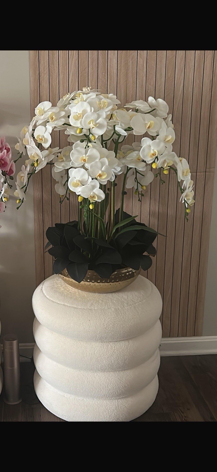 Artificial White Orchid Arrangement & Centerpiece with Green Leaves in Pot