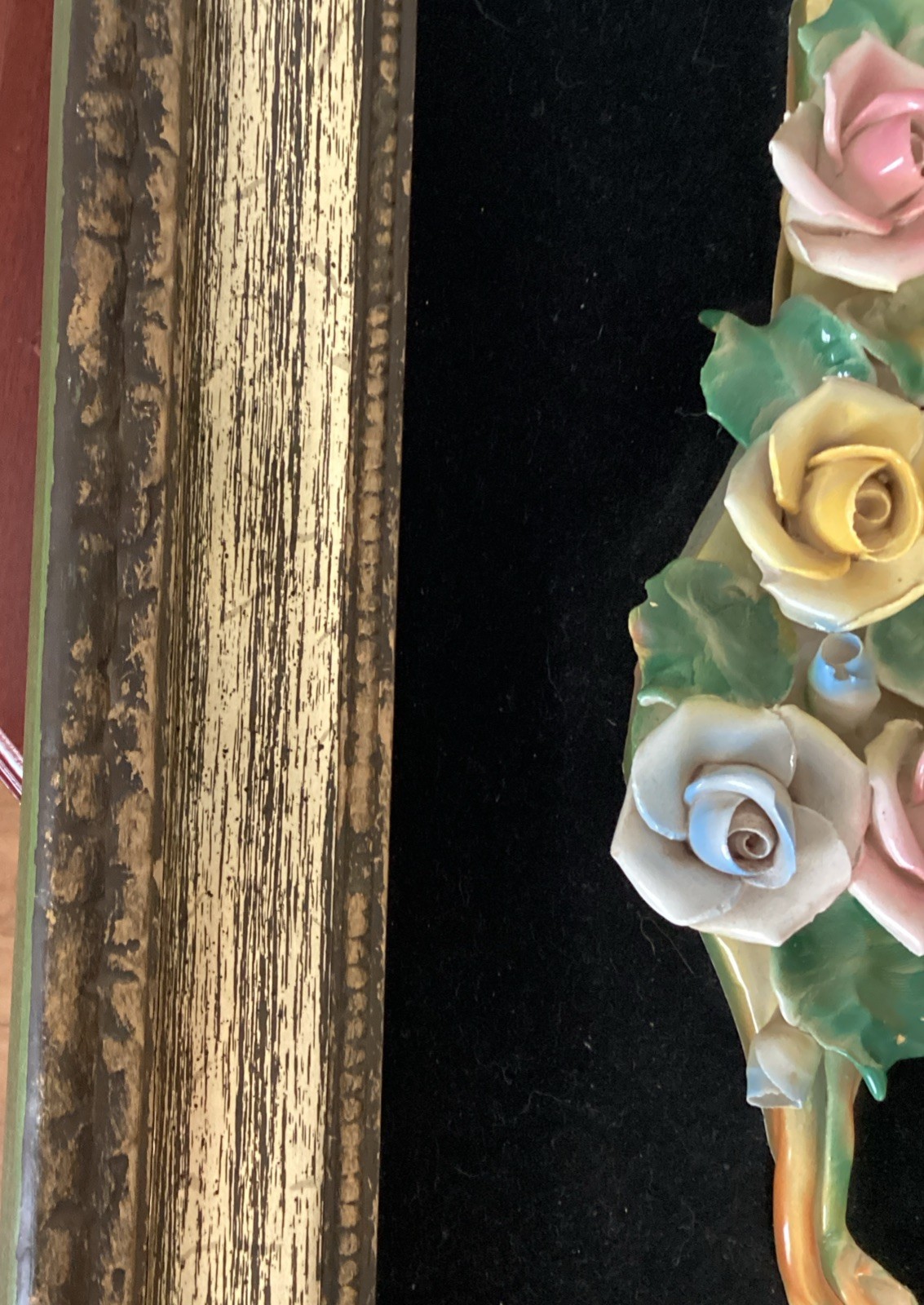Vintage Capodimonte Italian Porcelain Rose Ornate 3D Framed MCM Art