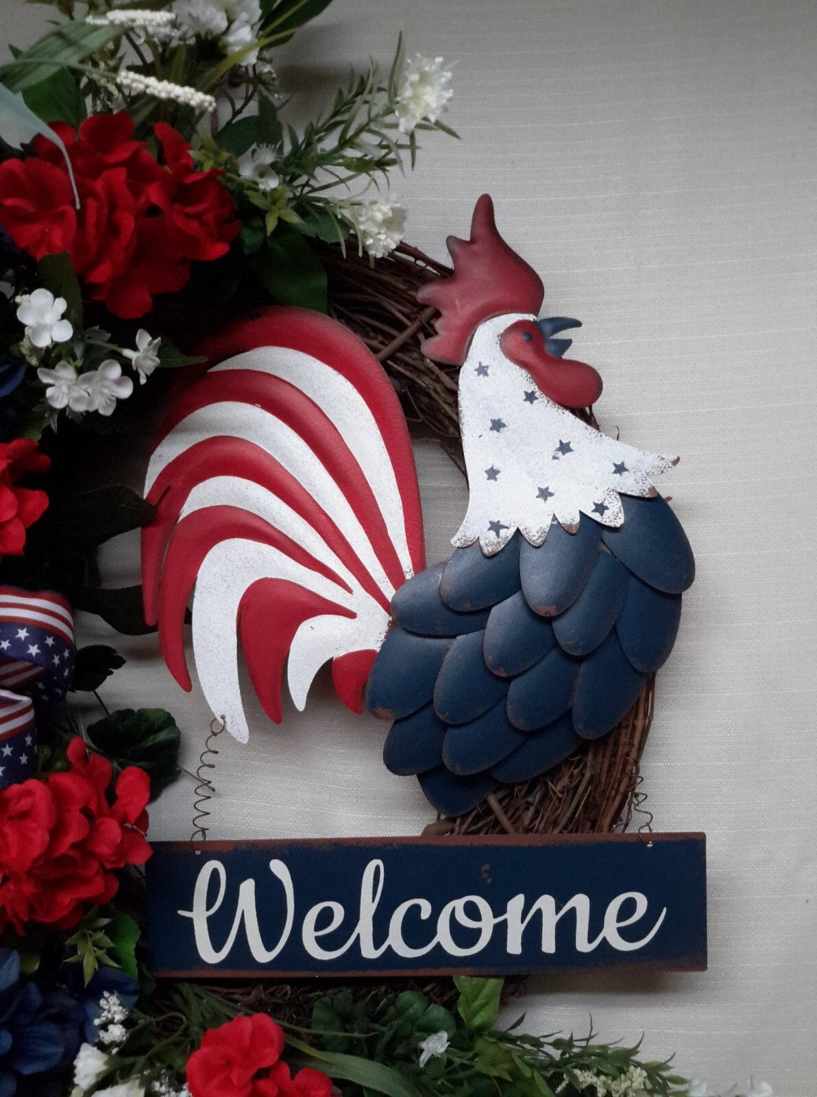 Patriotic Door Wreath Rooster Flower Door Decor USA Memorial Day Fourth of July